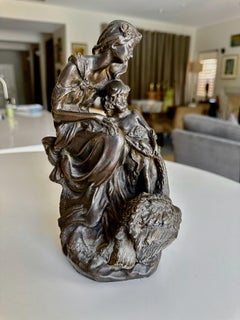 French Antique Bronze Neoclassic Women & Child Statue.
