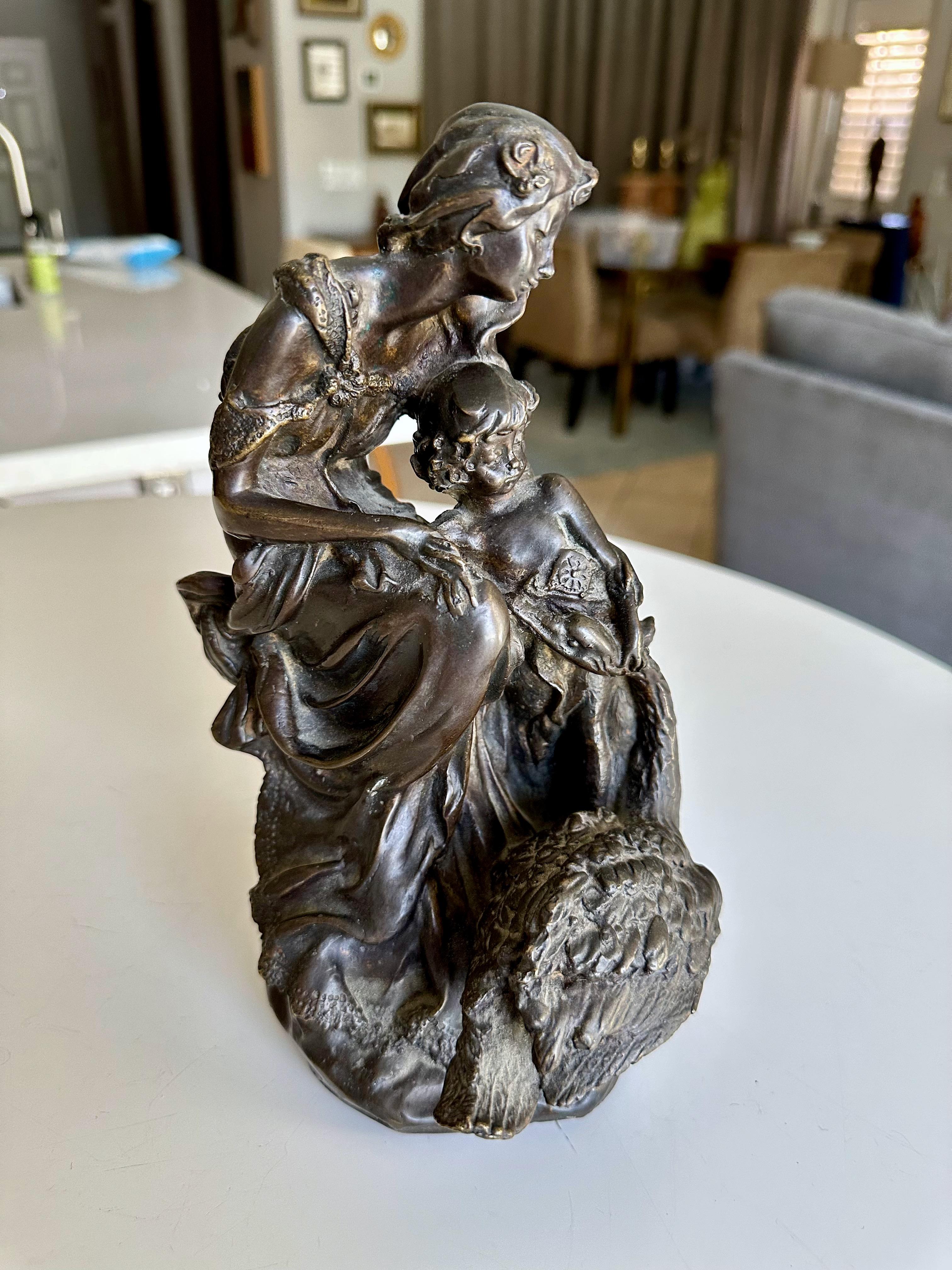 European French Antique Bronze Neoclassic Women & Child Statue. For Sale