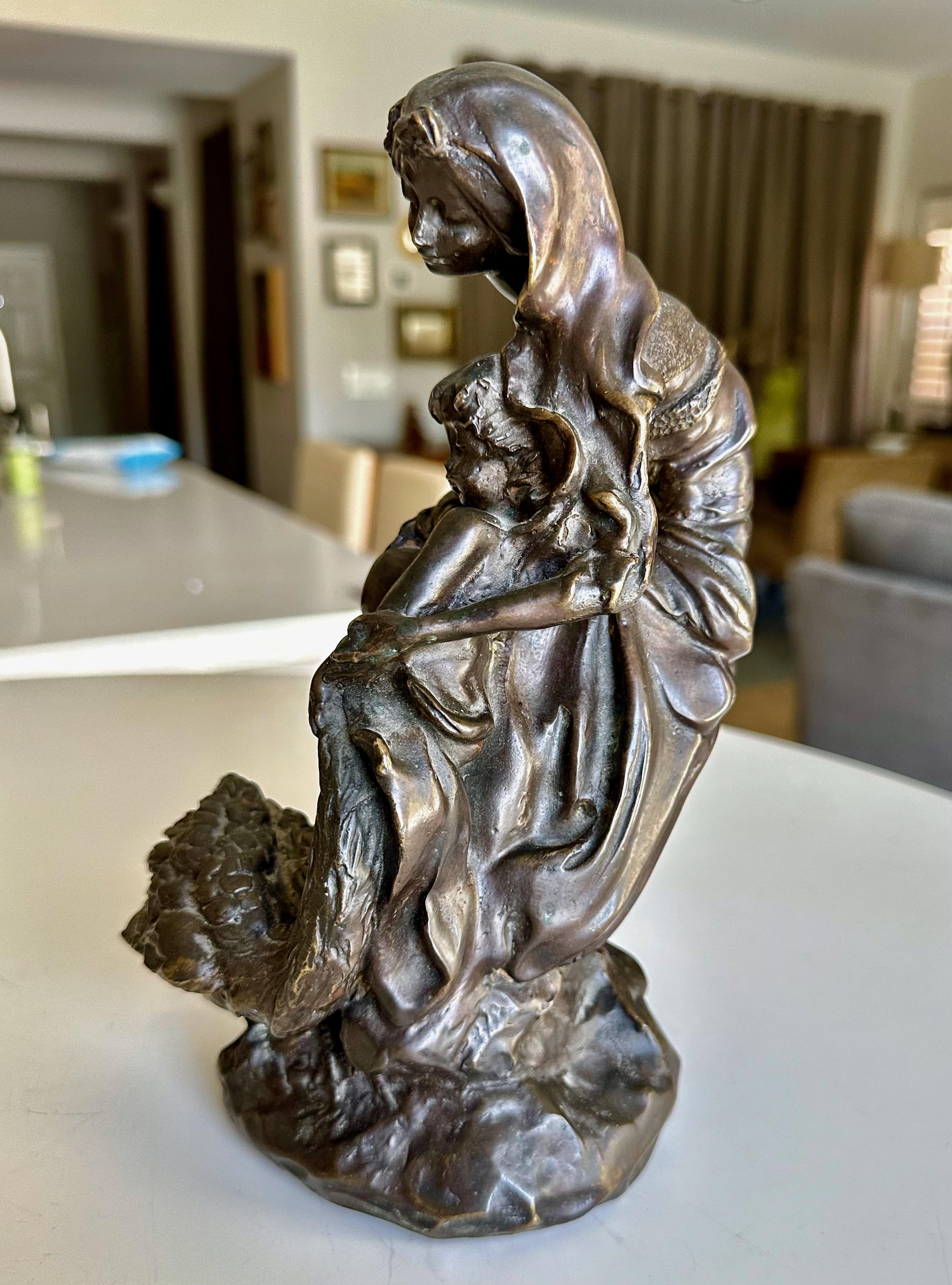 French Antique Bronze Neoclassic Women & Child Statue. For Sale 1