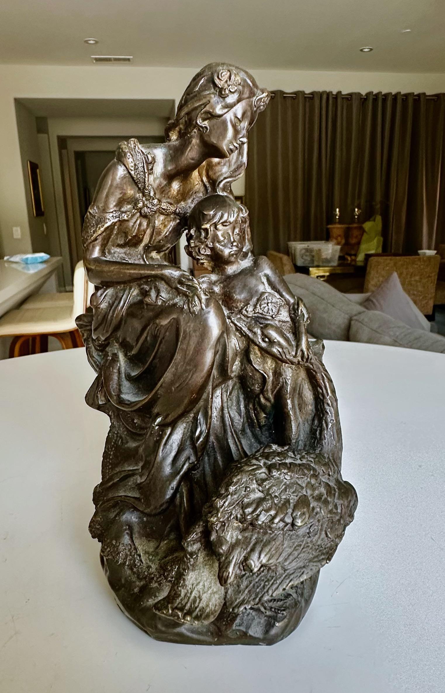French Antique Bronze Neoclassic Women & Child Statue. For Sale 3