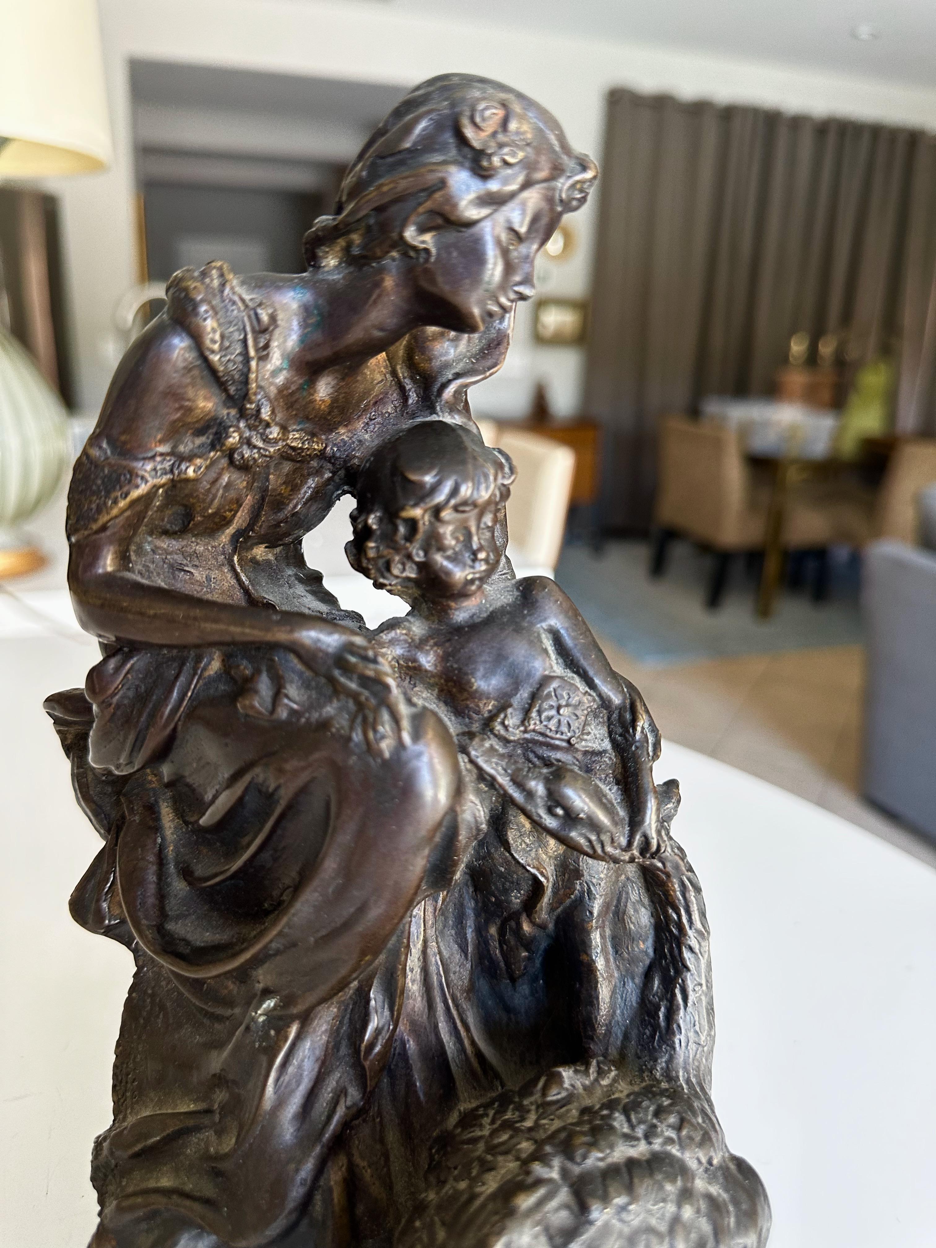 French Antique Bronze Neoclassic Women & Child Statue. For Sale 4