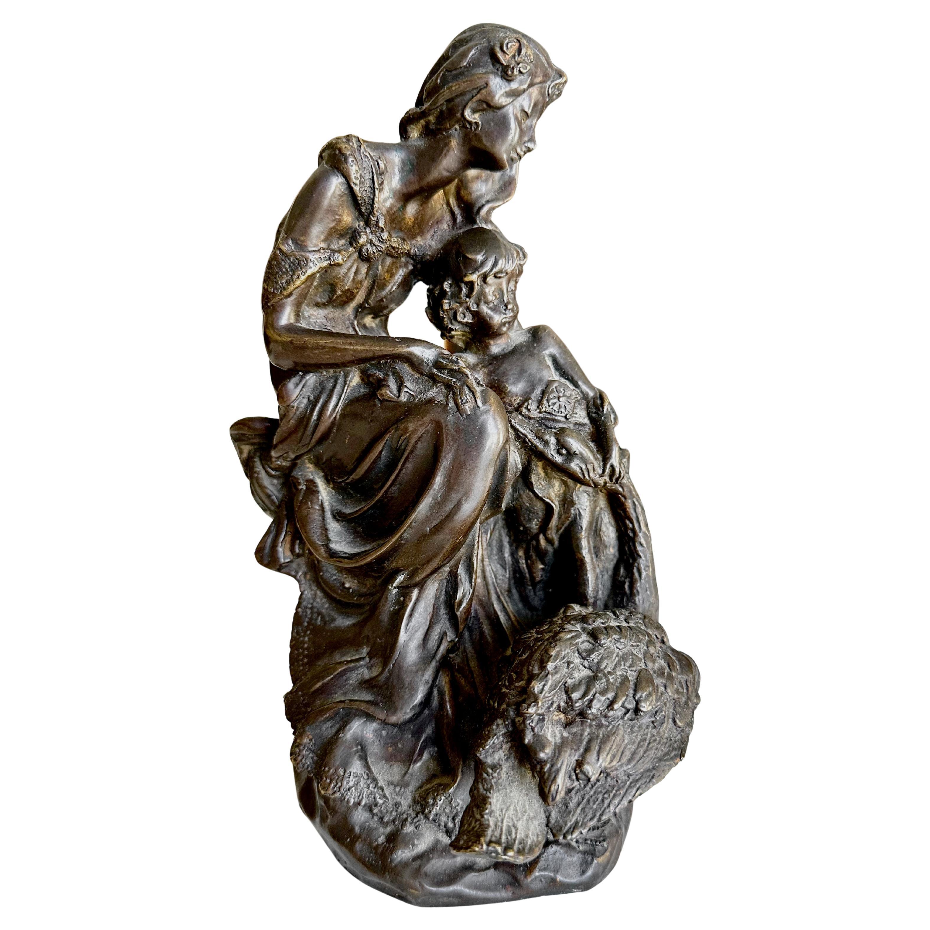 French Antique Bronze Neoclassic Women & Child Statue. For Sale