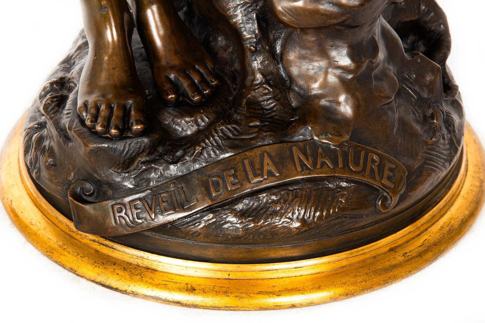 Französische antike Bronzeskulptur „Awakening of Nature“ aus Bronze von Emile Picault im Angebot 8
