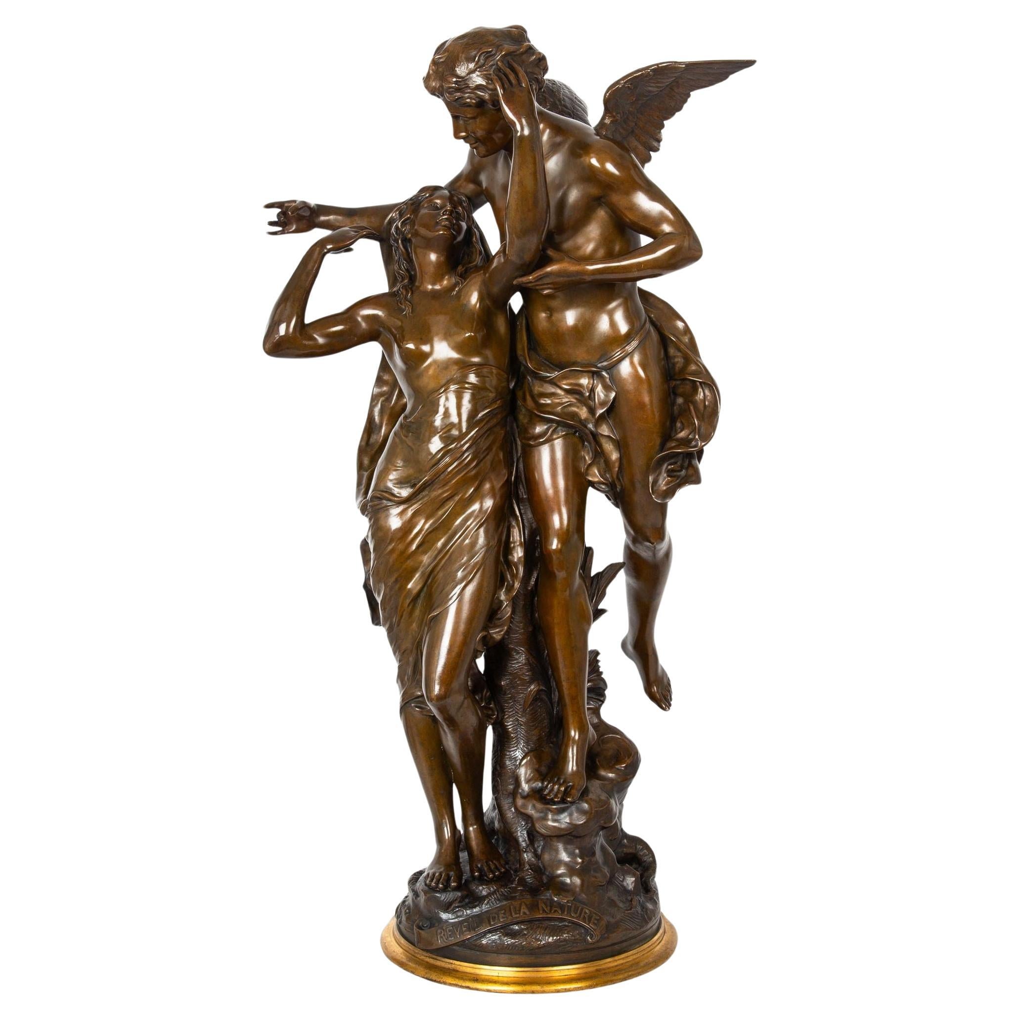 Französische antike Bronzeskulptur „Awakening of Nature“ aus Bronze von Emile Picault