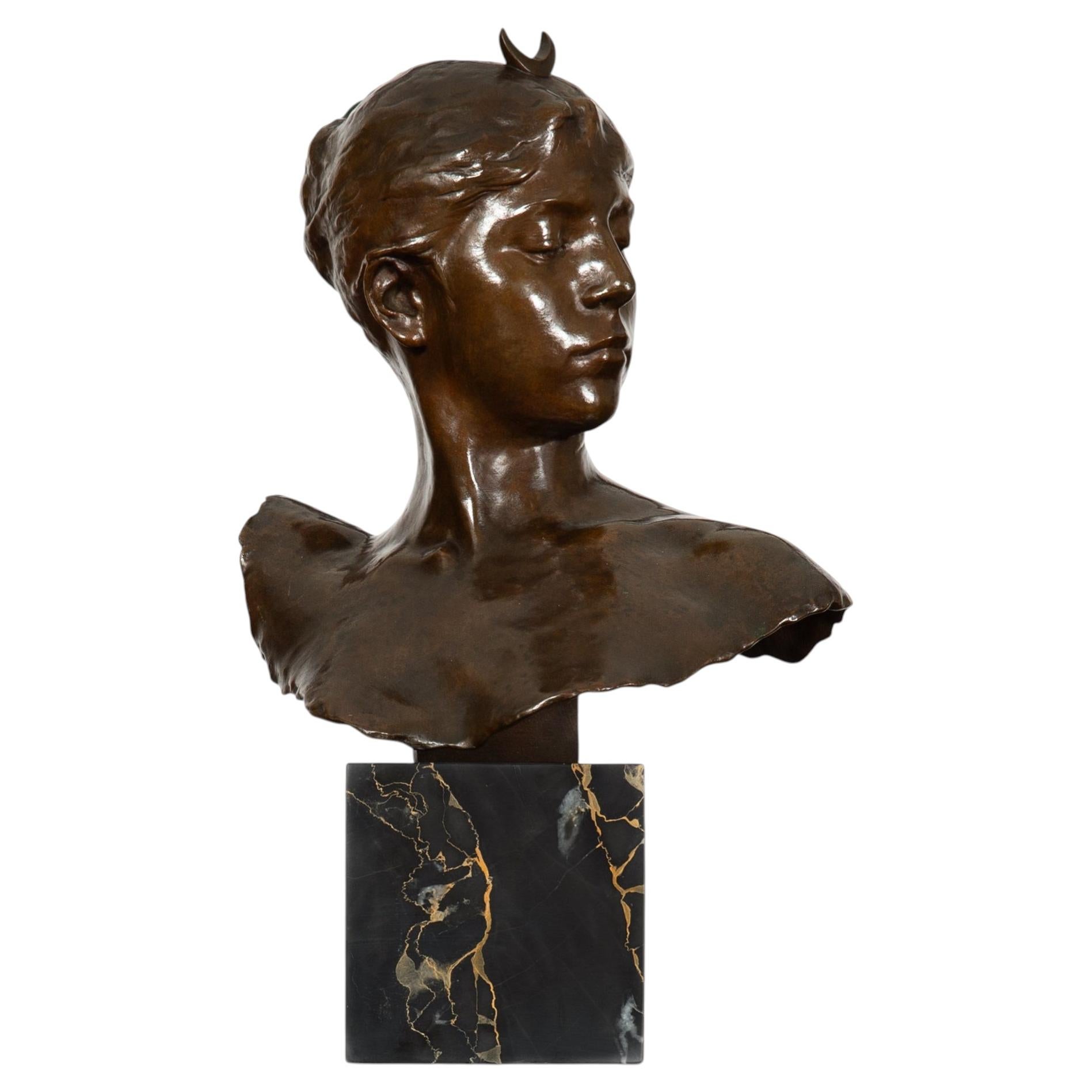 French Antique Bronze Sculpture Bust of Diana by Falguiere ca. 1880 For Sale