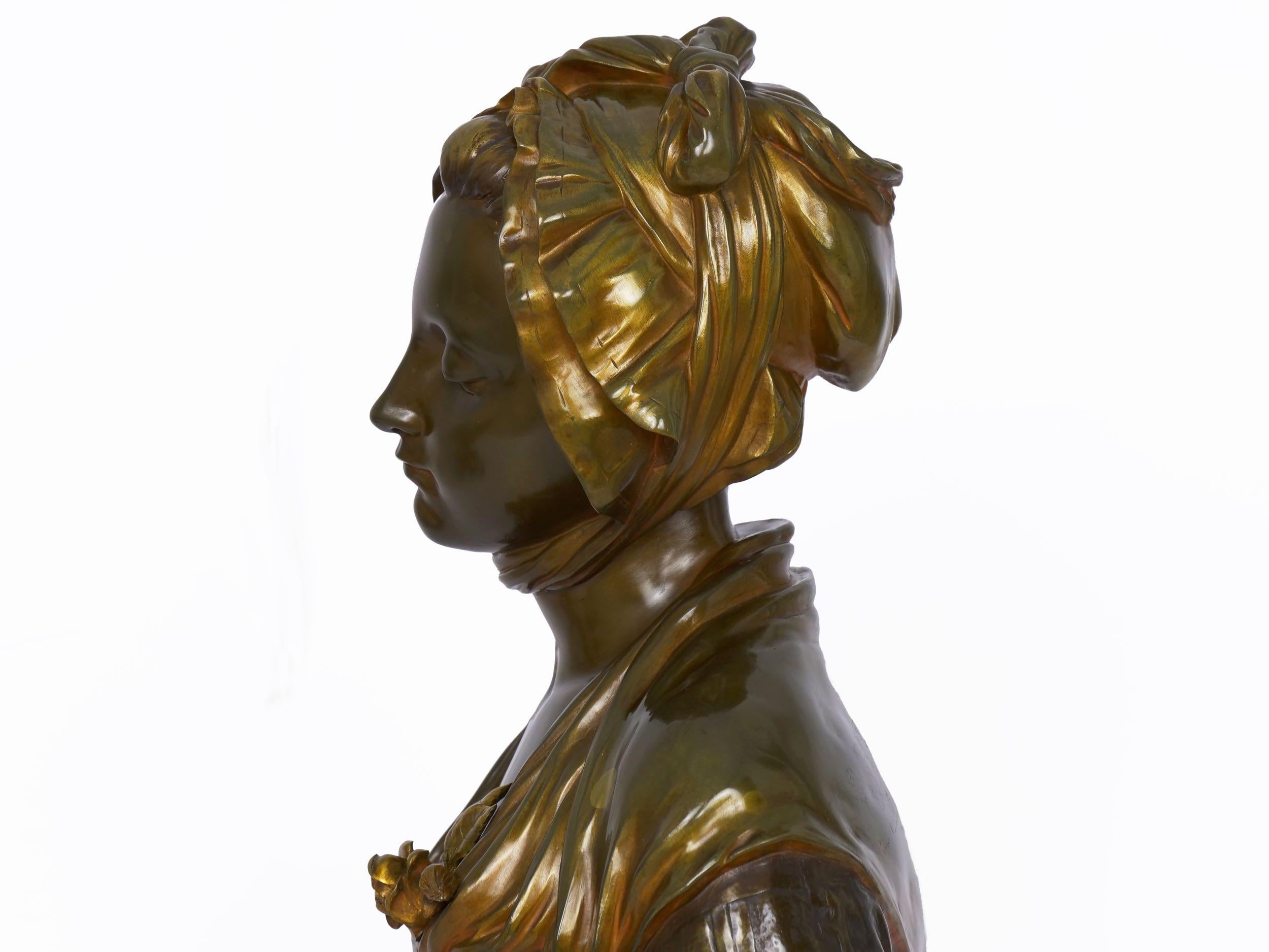 French Antique Bronze Sculpture “Bust of Girl” by Eugene Laurent & Susse Frères 6