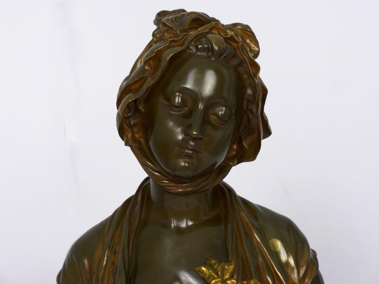 French Antique Bronze Sculpture “Bust of Girl” by Eugene Laurent & Susse Frères For Sale 11