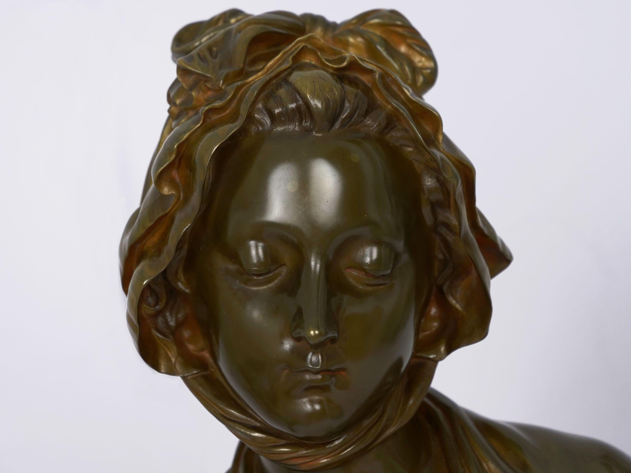 French Antique Bronze Sculpture “Bust of Girl” by Eugene Laurent & Susse Frères 11