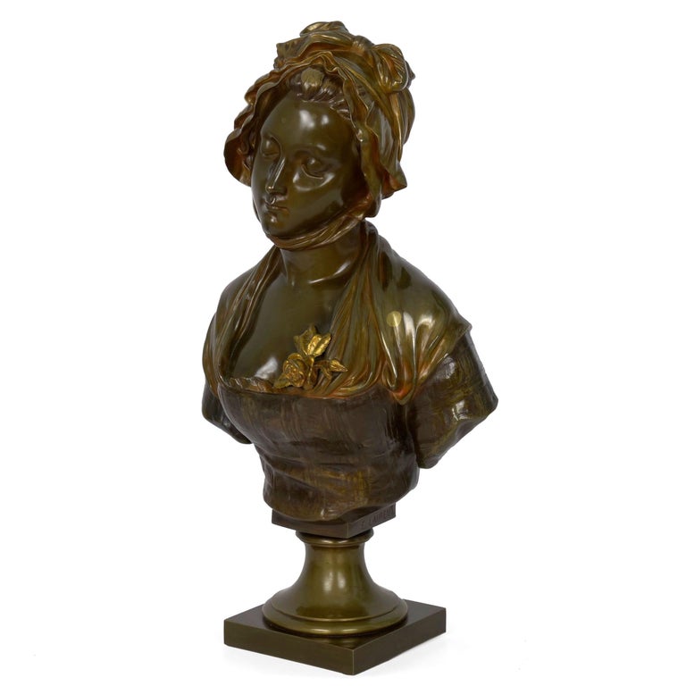 An exquisitely cast antique bronze sculpture by the prolific sculptor Eugene Laurent, it is a form and sentiment ahead of its time with all of the elements of the Art Nouveau aesthetic in this Romantic representation of a young girl. Chaste and