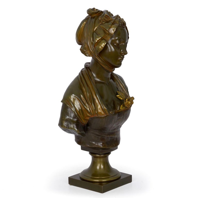 Romantic French Antique Bronze Sculpture “Bust of Girl” by Eugene Laurent & Susse Frères For Sale