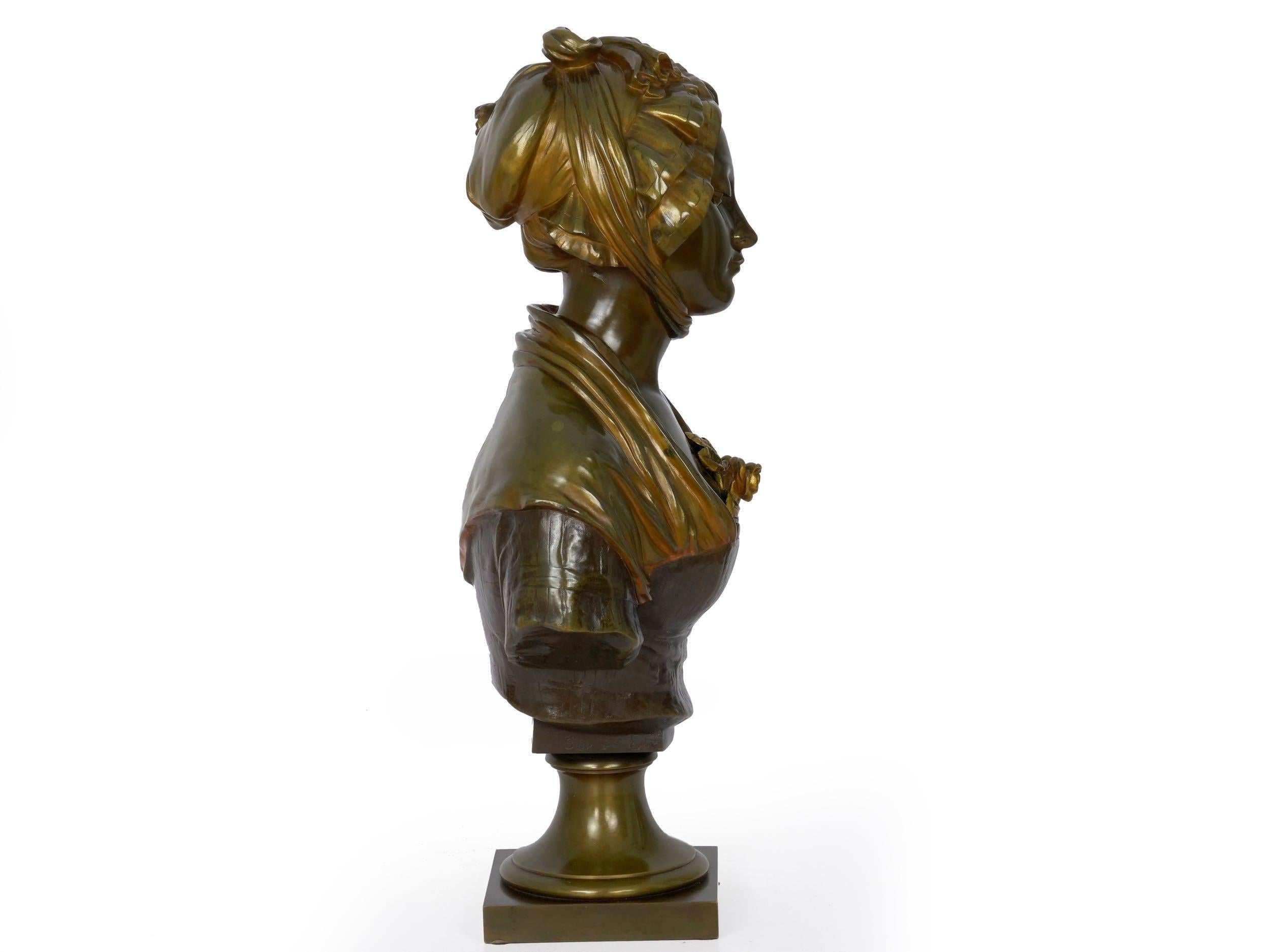 French Antique Bronze Sculpture “Bust of Girl” by Eugene Laurent & Susse Frères In Good Condition In Shippensburg, PA