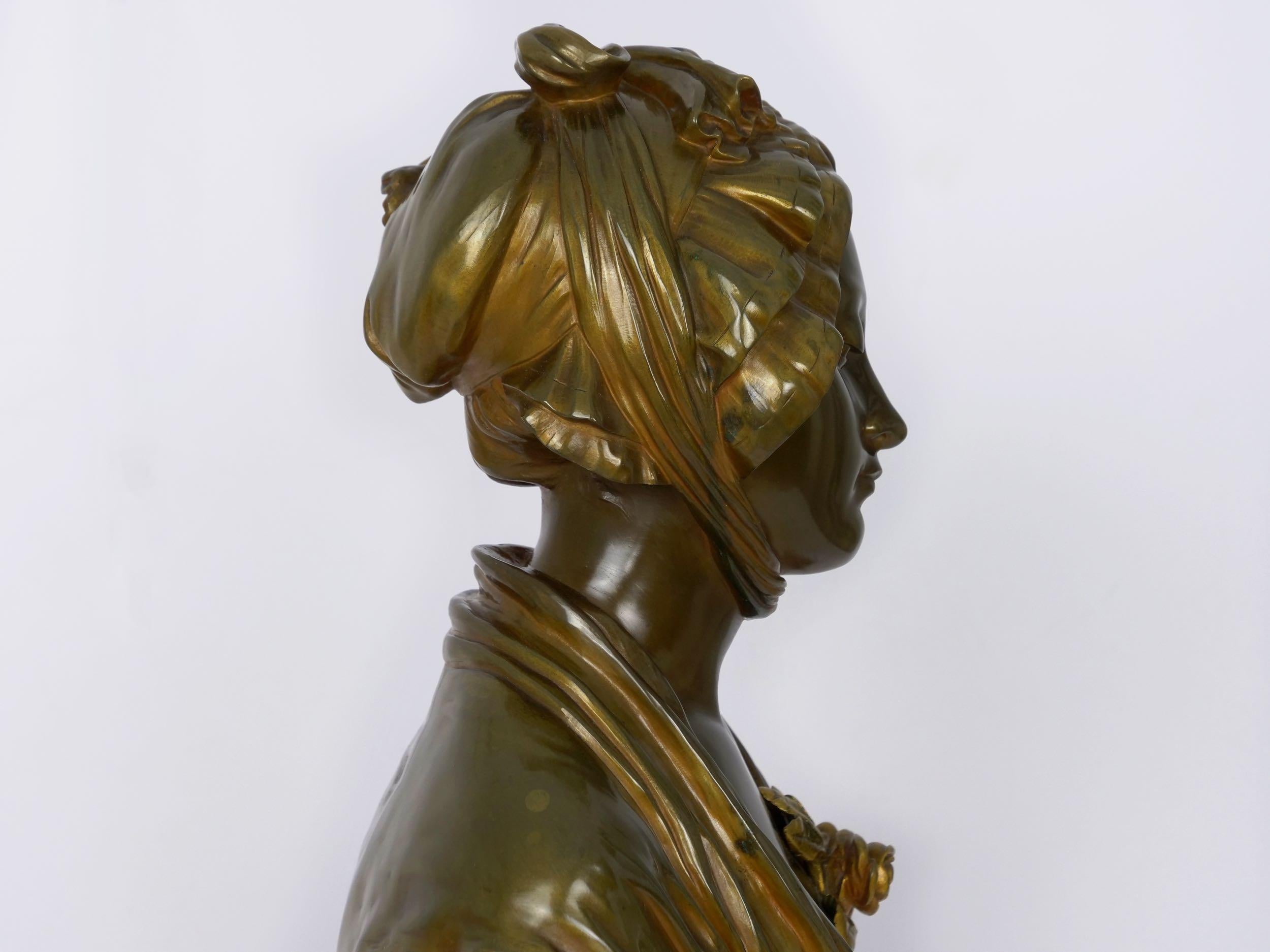 19th Century French Antique Bronze Sculpture “Bust of Girl” by Eugene Laurent & Susse Frères