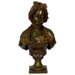 French Antique Bronze Sculpture “Bust of Girl” by Eugene Laurent & Susse Frères