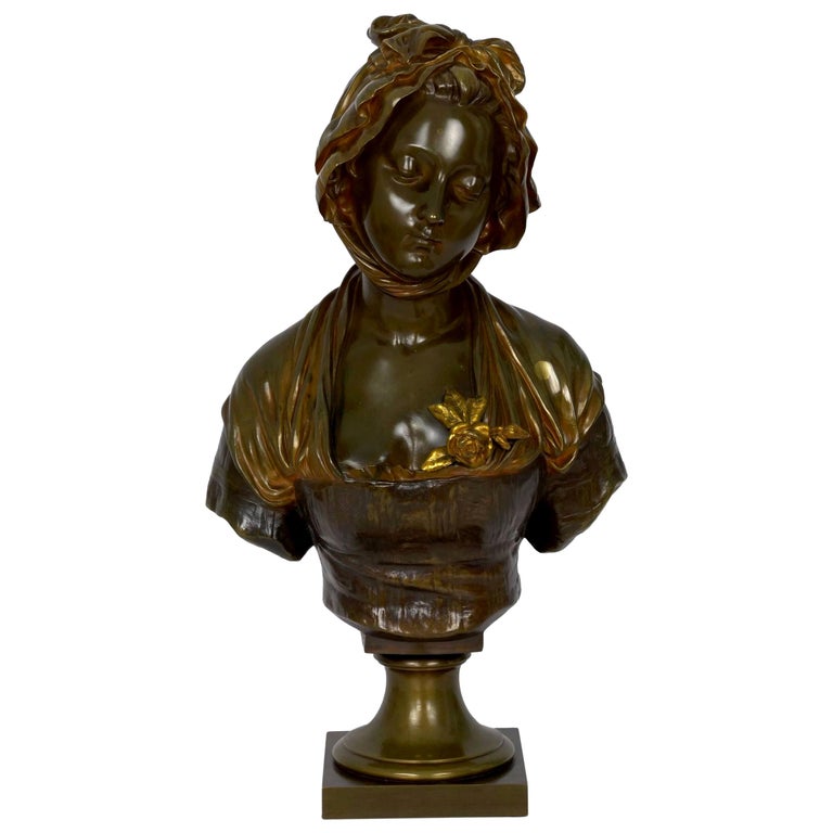French Antique Bronze Sculpture “Bust of Girl” by Eugene Laurent & Susse Frères For Sale