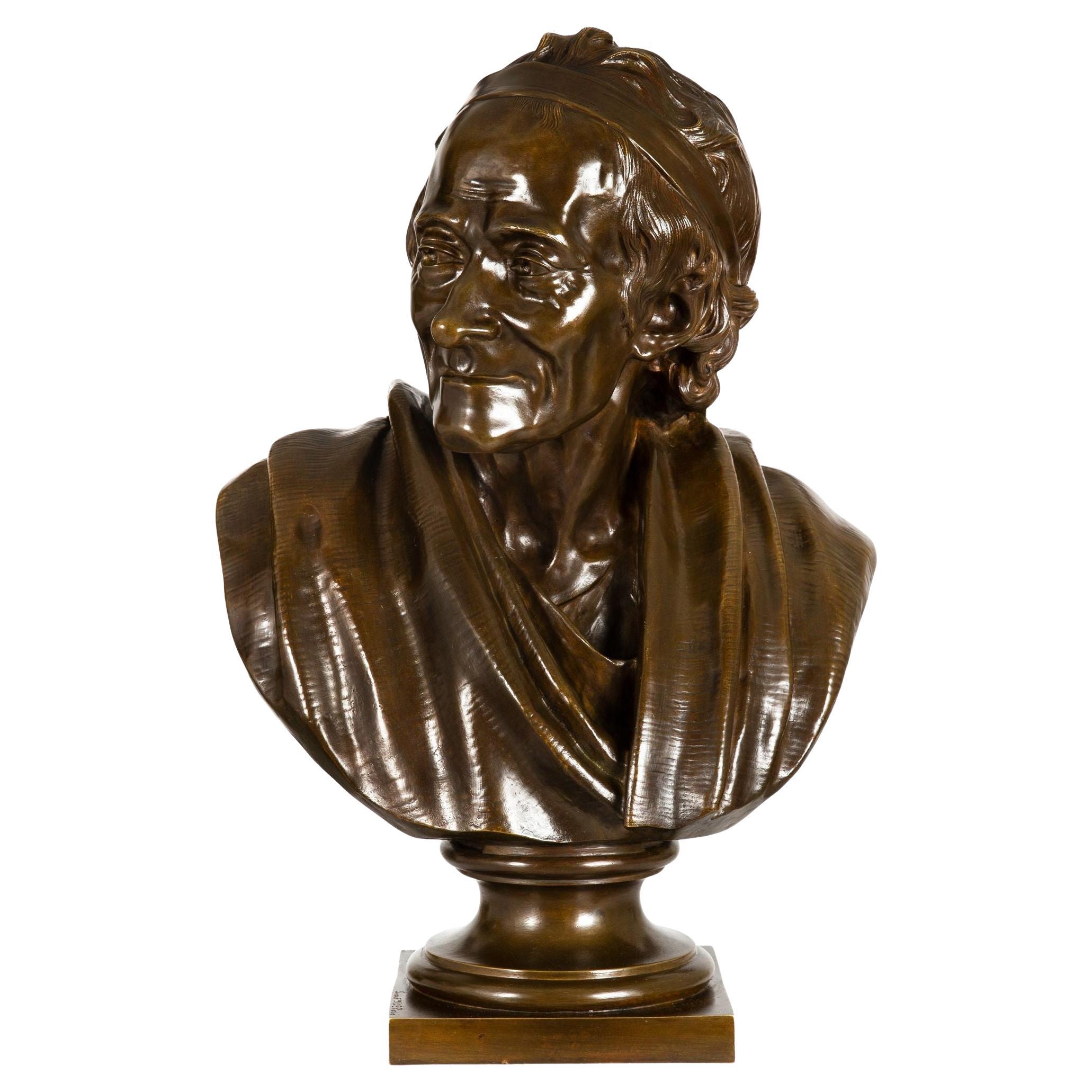 French Antique Bronze Sculpture “Bust of Voltaire” after Jean-Antoine Houdon For Sale