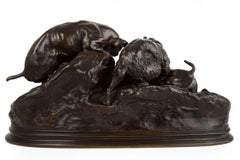 French Antique Bronze Sculpture "Dogs Chasing a Rabbit" after Pierre Jules Mene