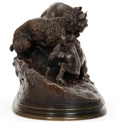 French Antique Bronze Sculpture “Dogs Chasing Rabbit” by Pierre Jules Mene