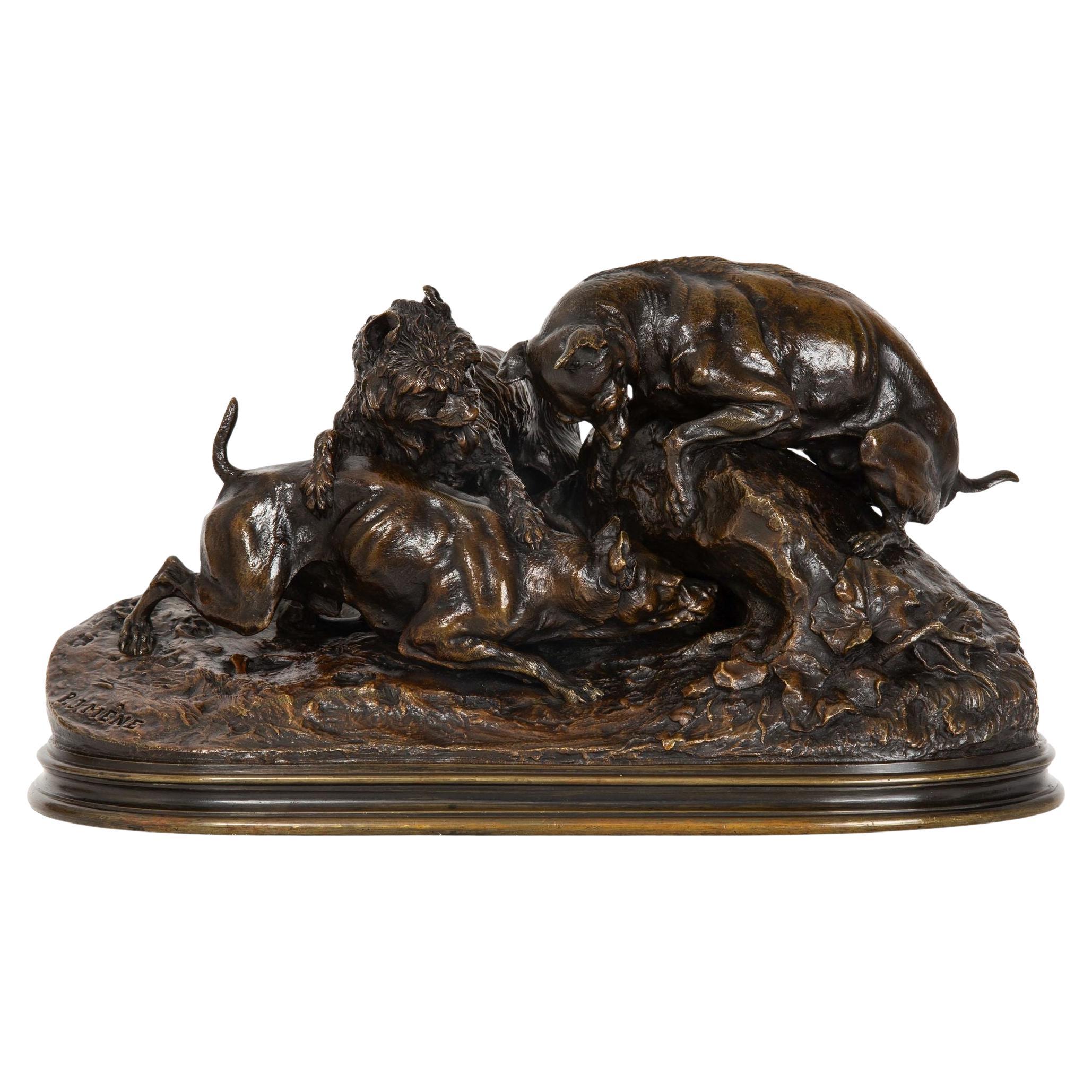Escultura francesa antigua de bronce "Perros persiguiendo a un conejo" de Pierre Jules Mene