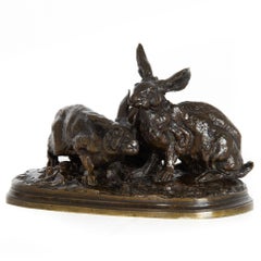 French Antique Bronze Sculpture “Group of Rabbits” by Pierre Jules Mêne