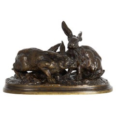 French Antique Bronze Sculpture “Group of Rabbits” by Pierre Jules Mêne