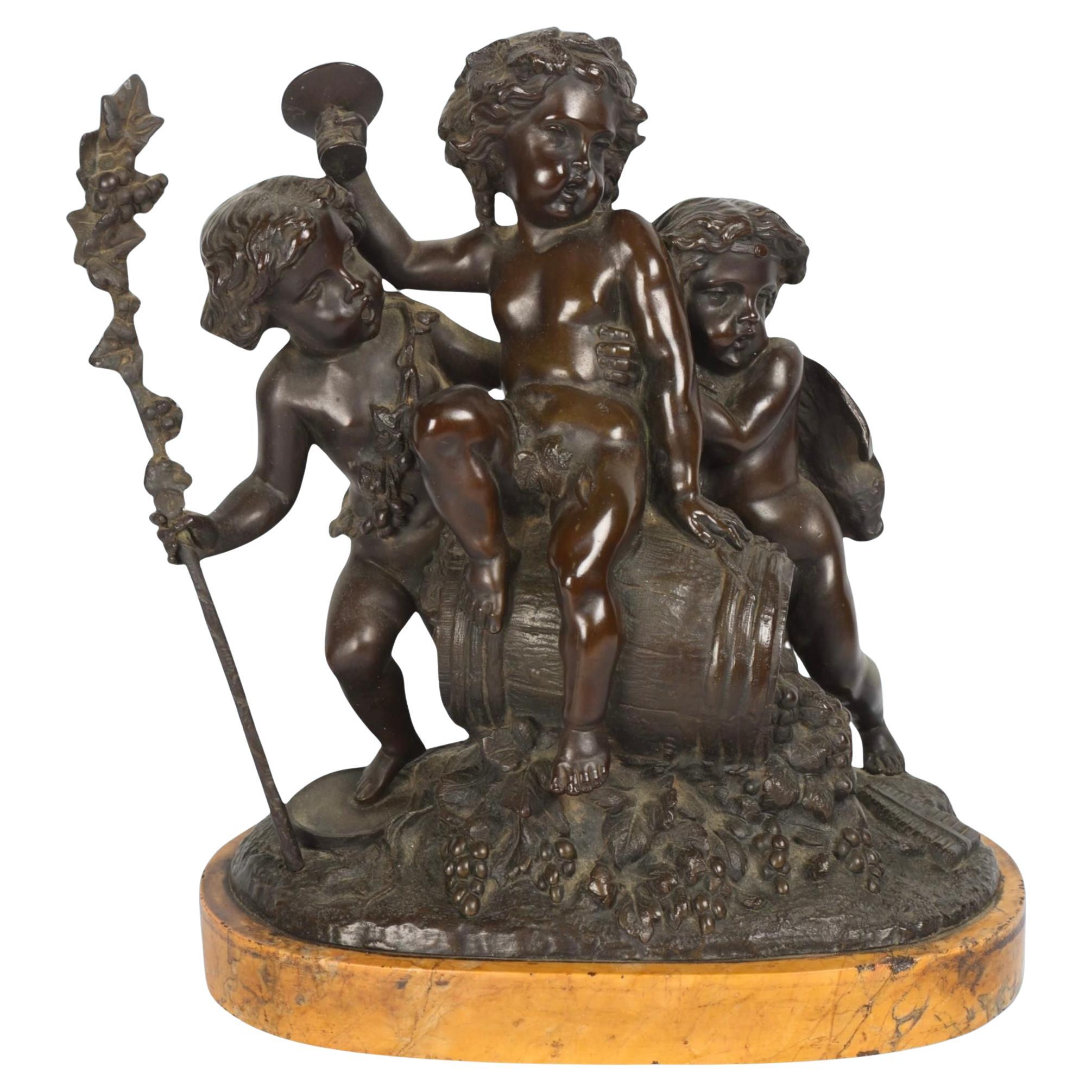 Escultura Francesa Antigua de Bronce Grupo Tres Putti Bacchanalia