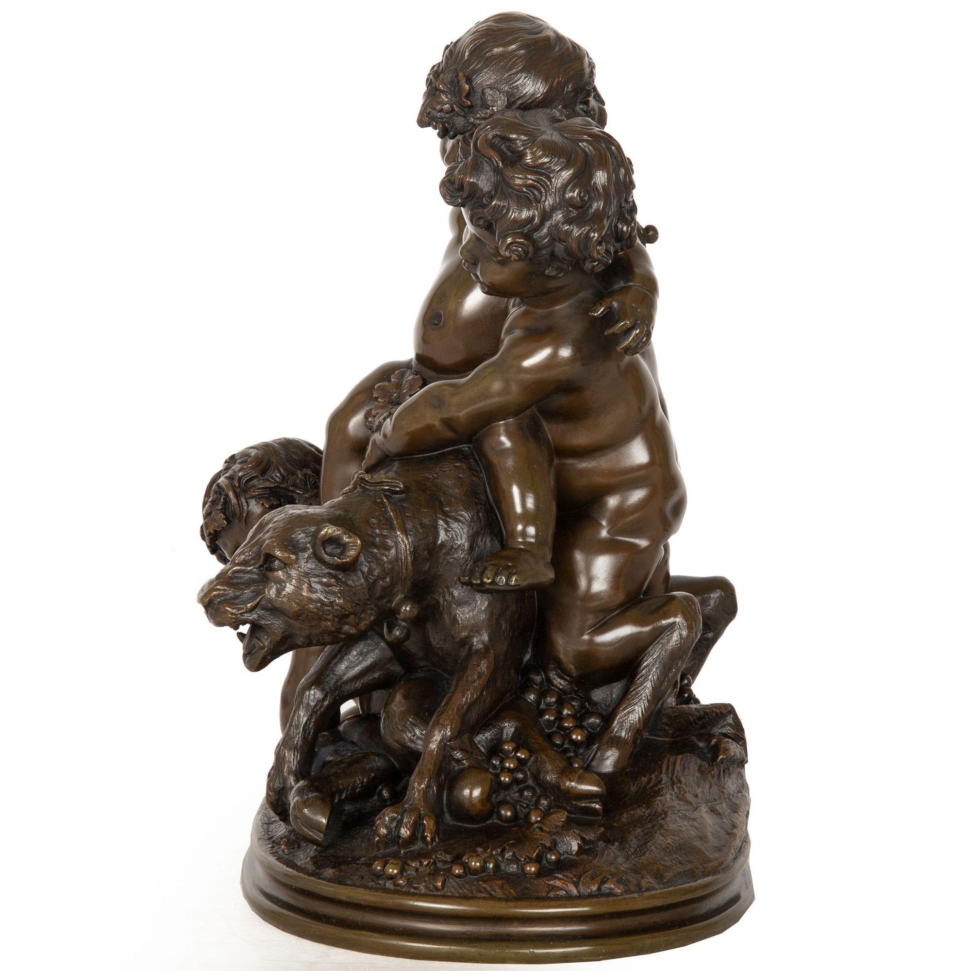 CLAUDE MICHEL, genannt CLODION [nach]
Französisch, 1738-1814

Eine Bacchanalien-Gruppe von Putto mit einer Wildkatze

Sandgegossene patinierte Bronze  im Sockel signiert 