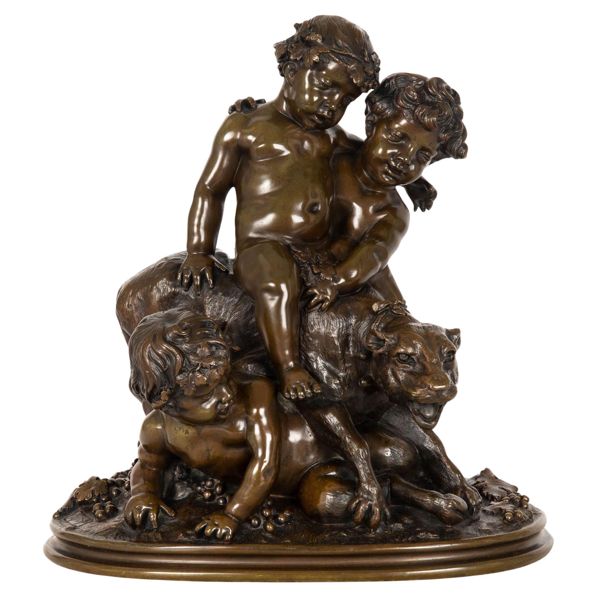 French Antique Bronze Sculpture Group Three Putto after Claude Michel Clodion For Sale