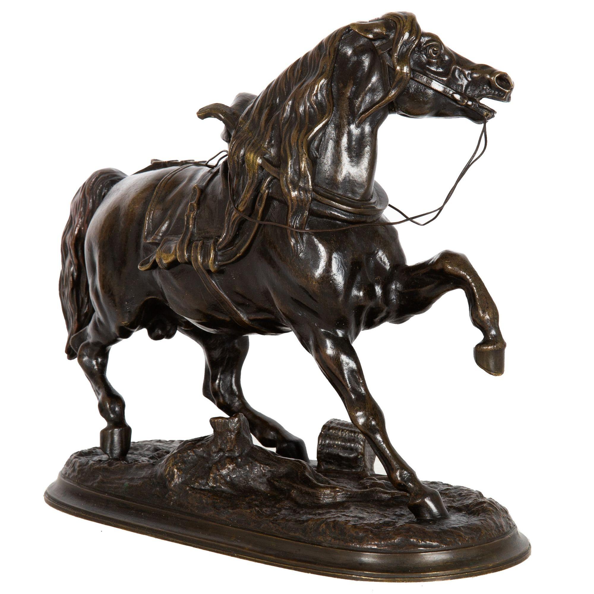 Romantic French Antique Bronze Sculpture “Halting Stallion” Horse by Pierre Lenordez For Sale