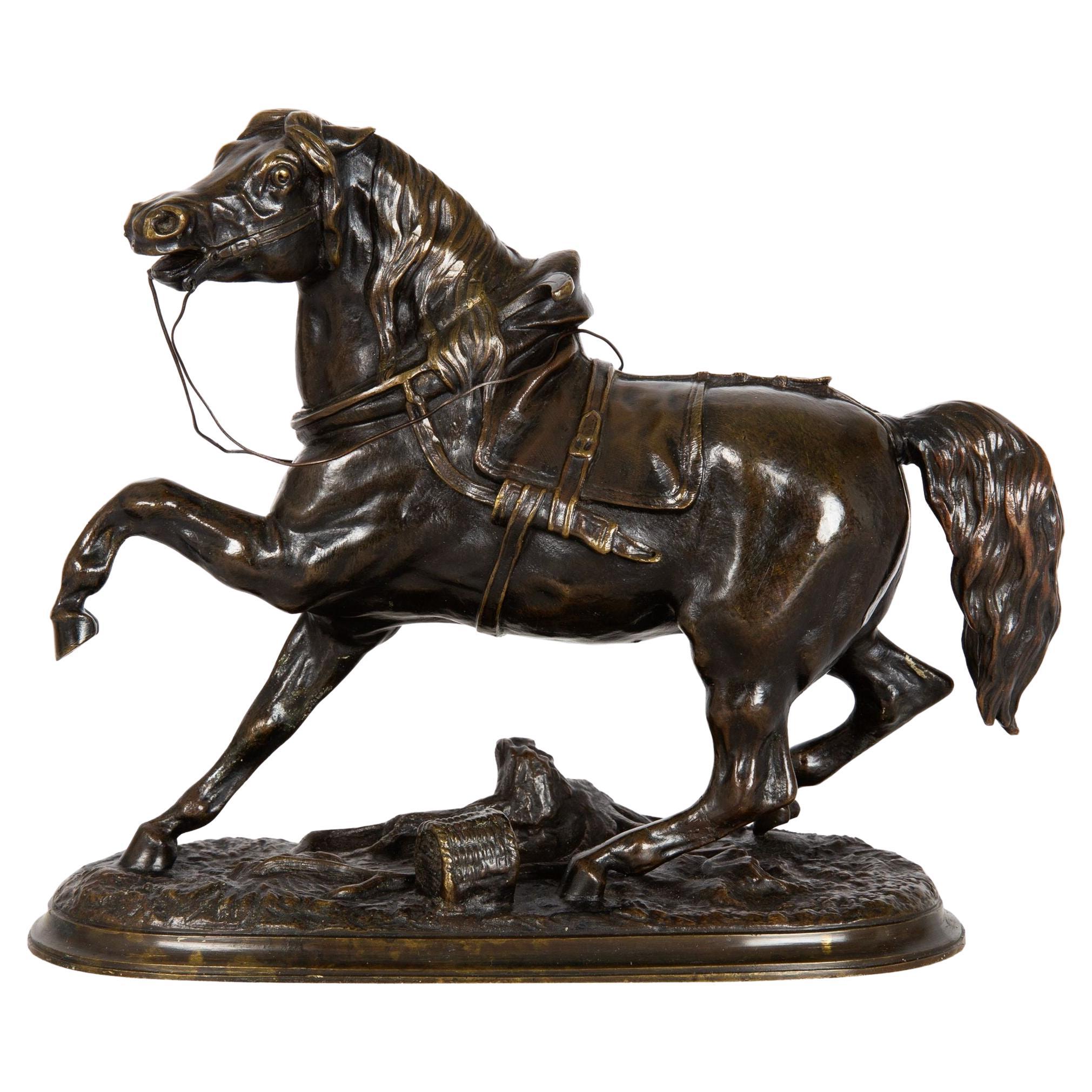 French Antique Bronze Sculpture “Halting Stallion” Horse by Pierre Lenordez