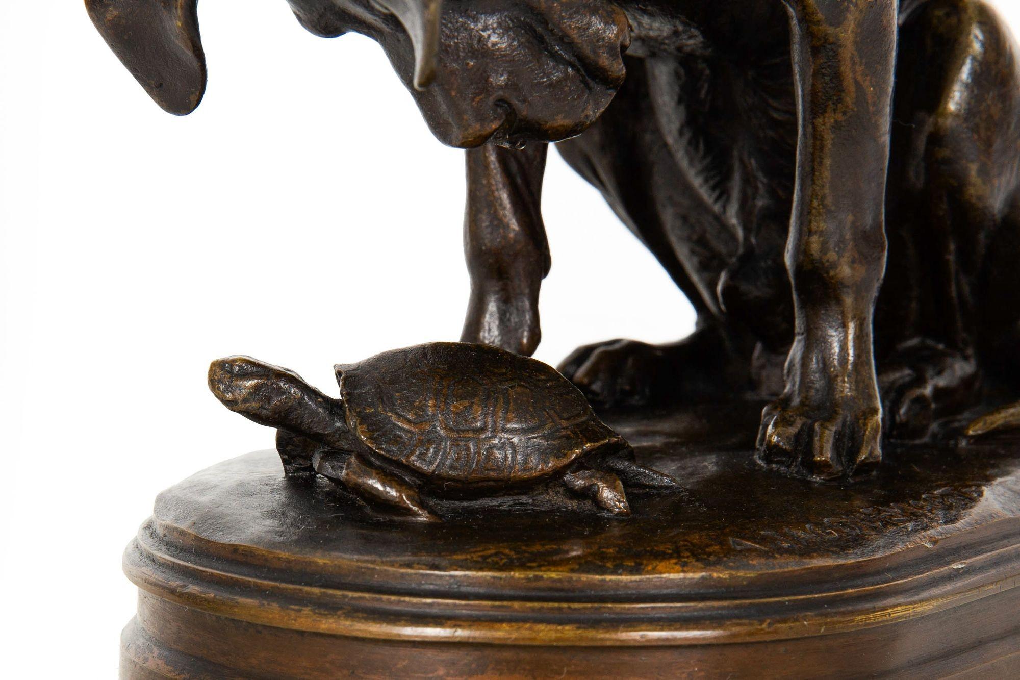 French Antique Bronze Sculpture “Hound and Tortoise” by Alfred Jacquemart 5