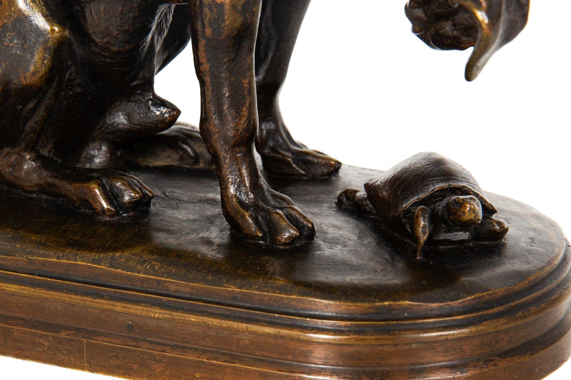 French Antique Bronze Sculpture “Hound and Tortoise” by Alfred Jacquemart 10