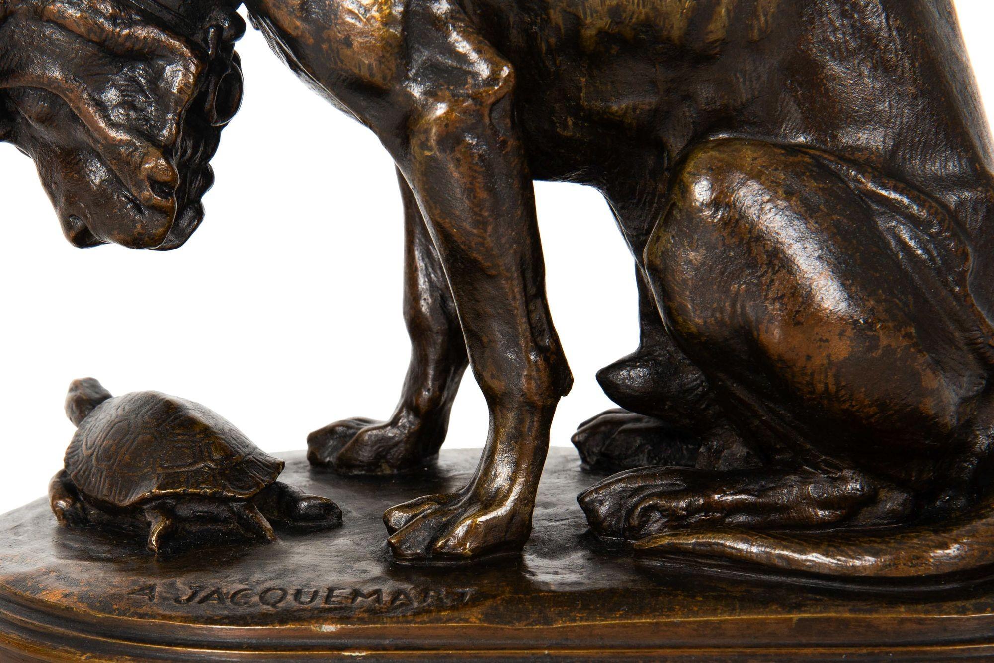 French Antique Bronze Sculpture “Hound and Tortoise” by Alfred Jacquemart 12