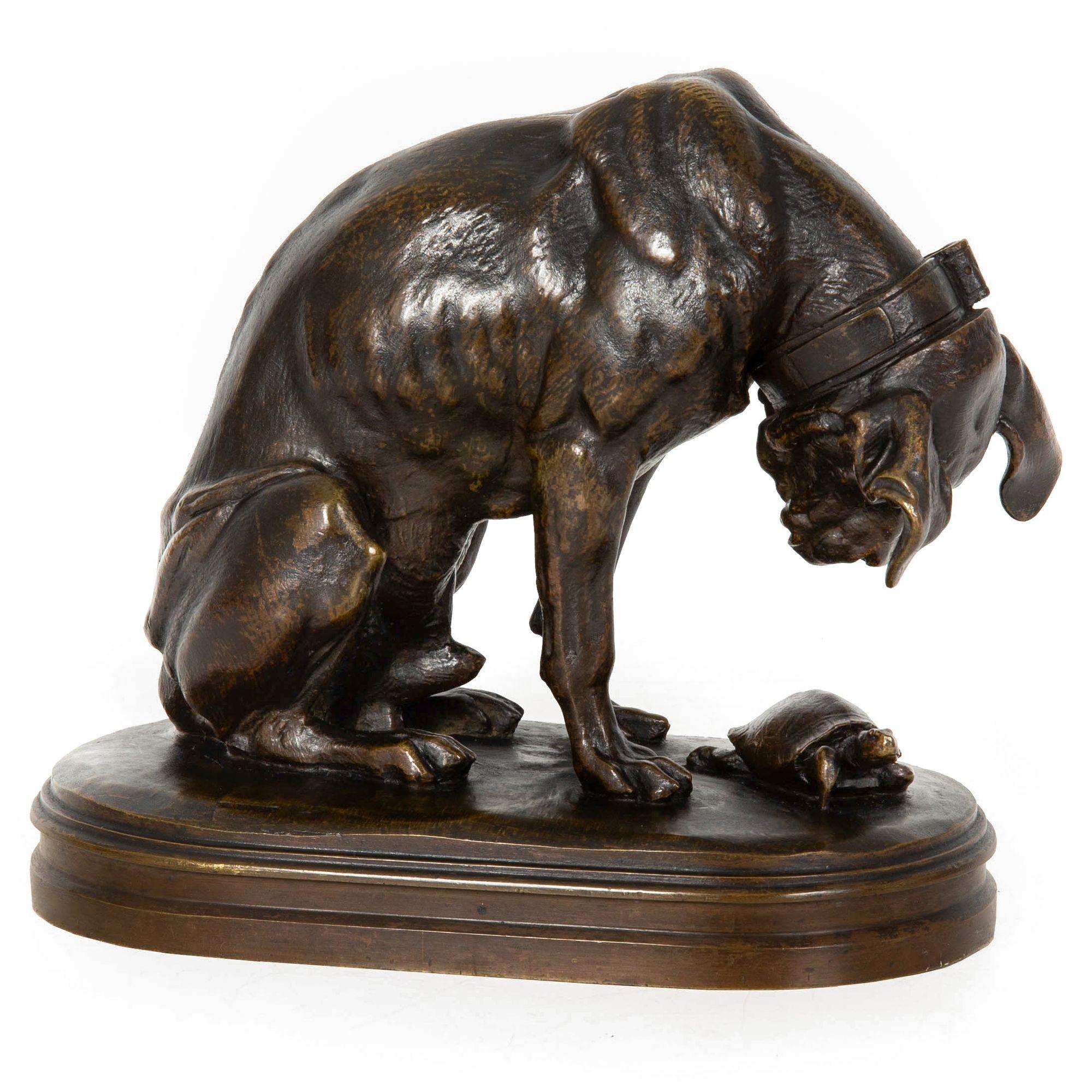 French Antique Bronze Sculpture “Hound and Tortoise” by Alfred Jacquemart 14