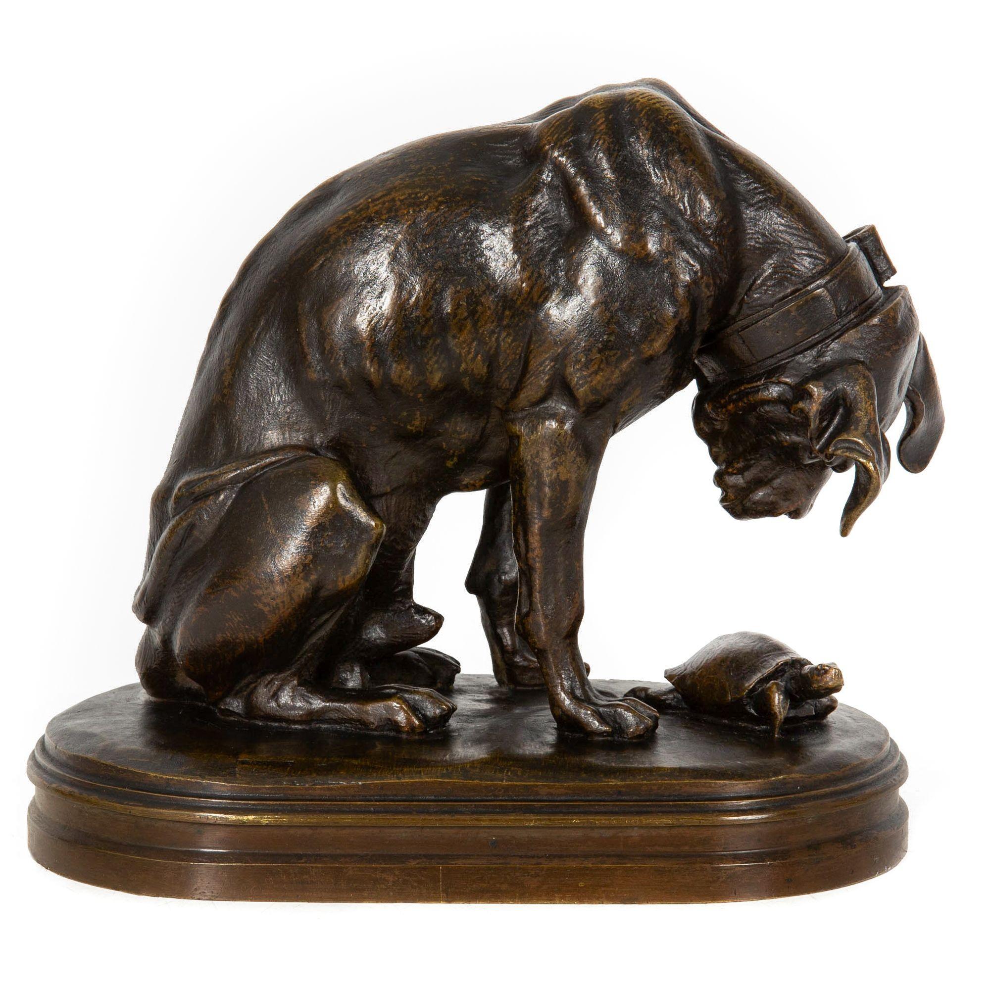 Romantic French Antique Bronze Sculpture “Hound and Tortoise” by Alfred Jacquemart