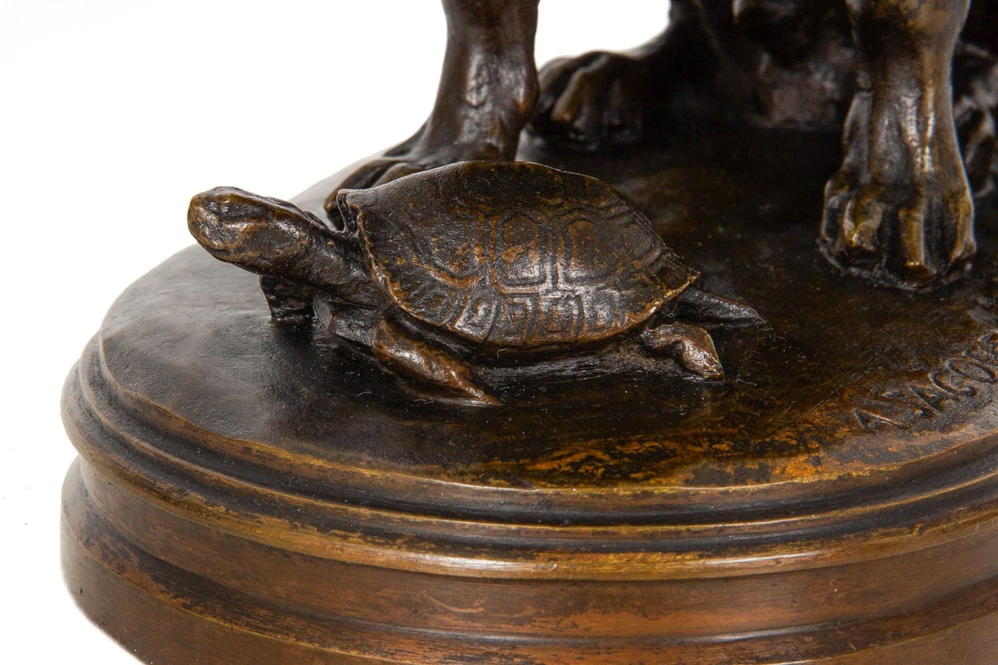 French Antique Bronze Sculpture “Hound and Tortoise” by Alfred Jacquemart 4