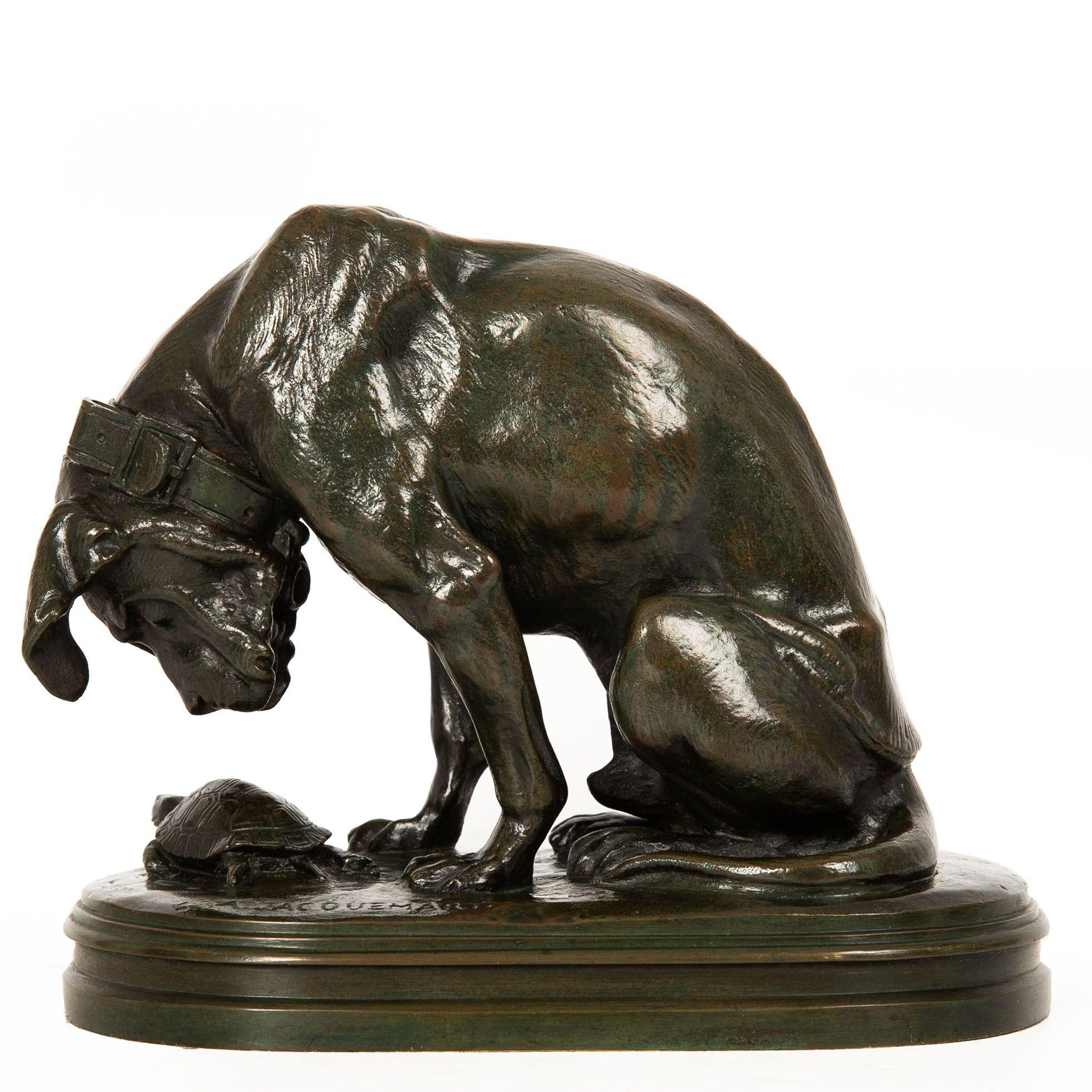 A difficult model to find and always highly sought-after, this fine example of Jacquemart's Hound and the Tortoise retains an attractive original patina that is overall greenish-brown with ever-so-faint reddish undertones. The application of the