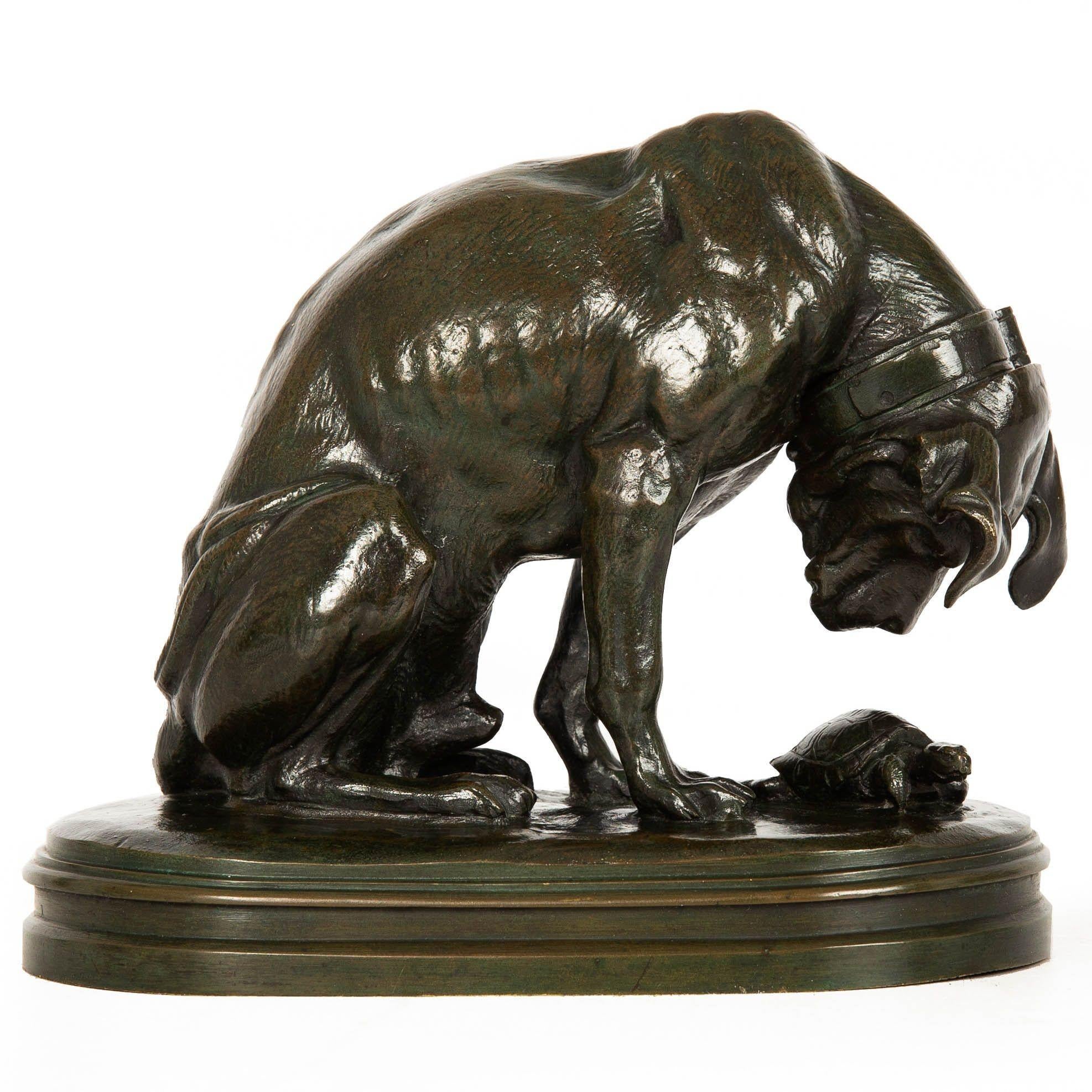 Romantic French Antique Bronze Sculpture “Hound & Tortoise” by Henri Jacquemart