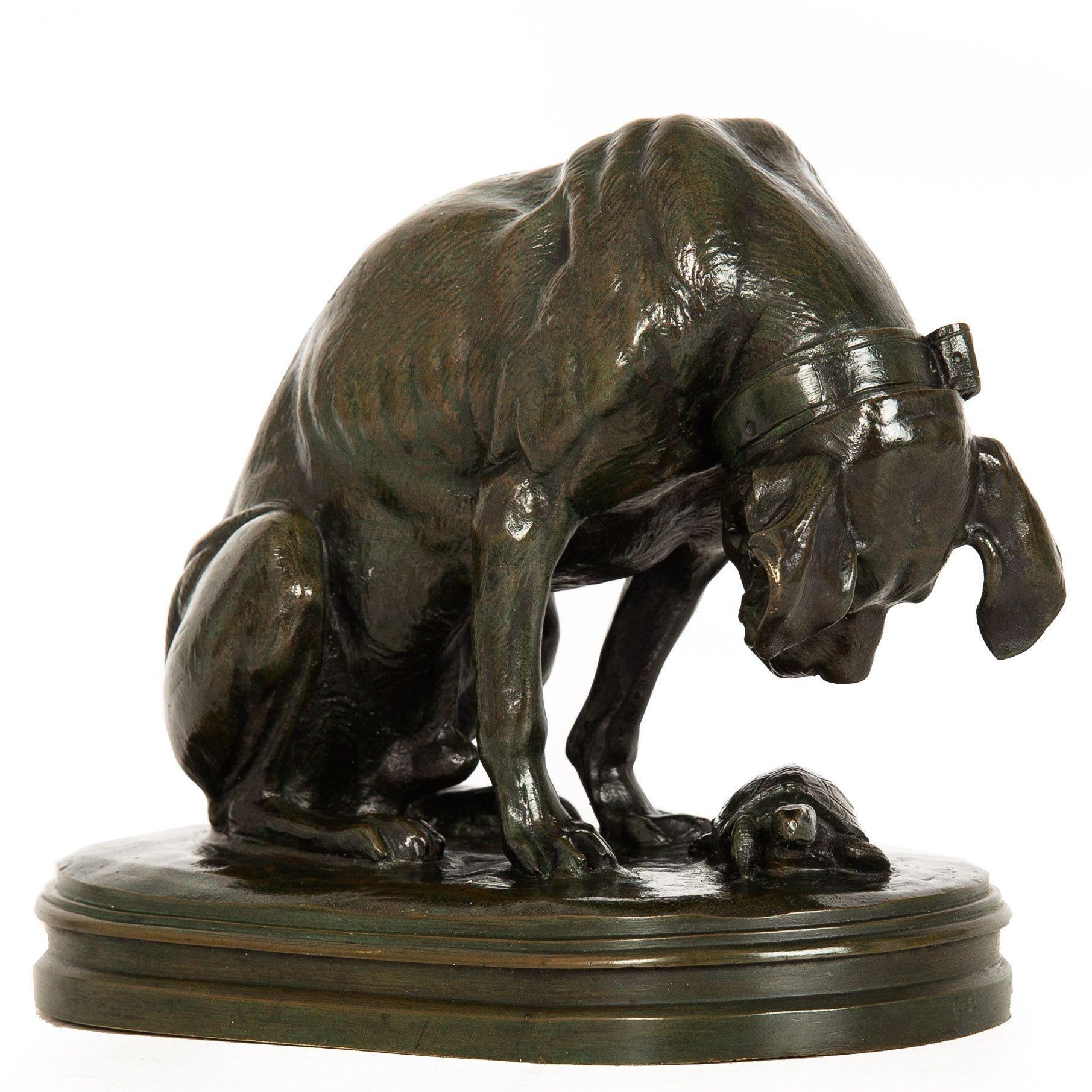 French Antique Bronze Sculpture “Hound & Tortoise” by Henri Jacquemart In Good Condition For Sale In Shippensburg, PA