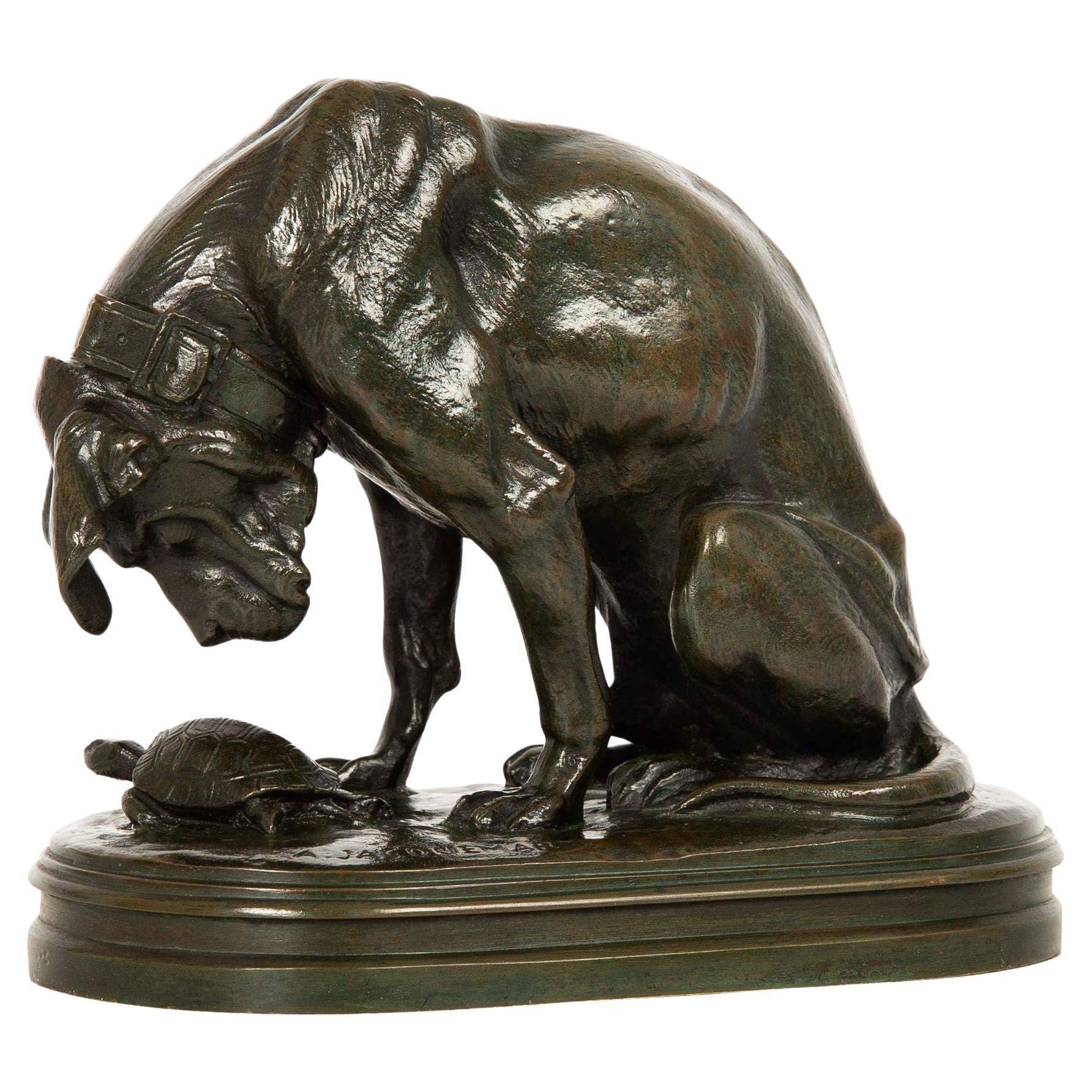 French Antique Bronze Sculpture “Hound & Tortoise” by Henri Jacquemart For Sale