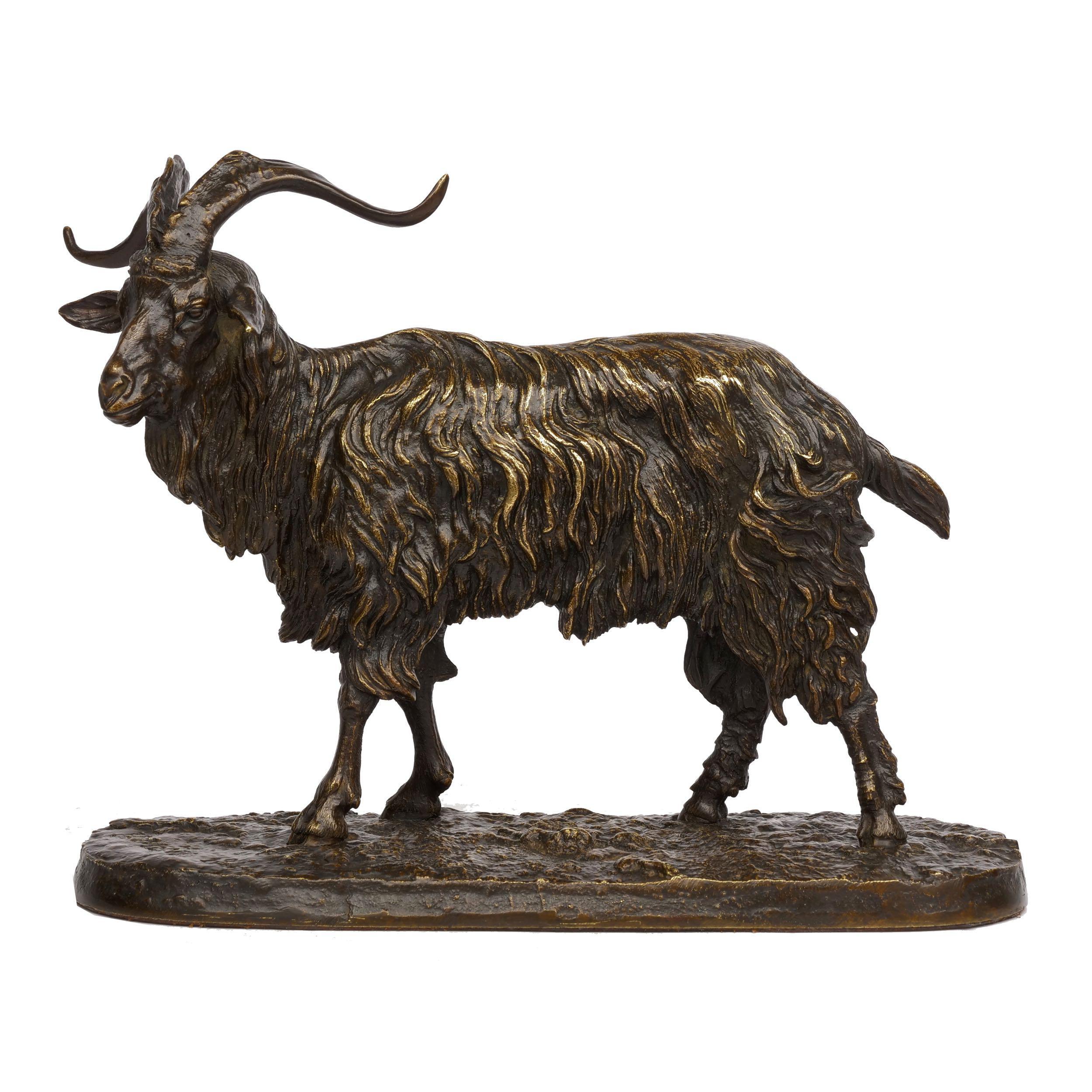 A fine atelier casting of a male goat by Pierre Jules Mene, the work is crisply signed in the naturalistic base and exhibits the exceptional surface tooling we expect from his models. Rich and deep valleys of hair are expertly captured in the metal