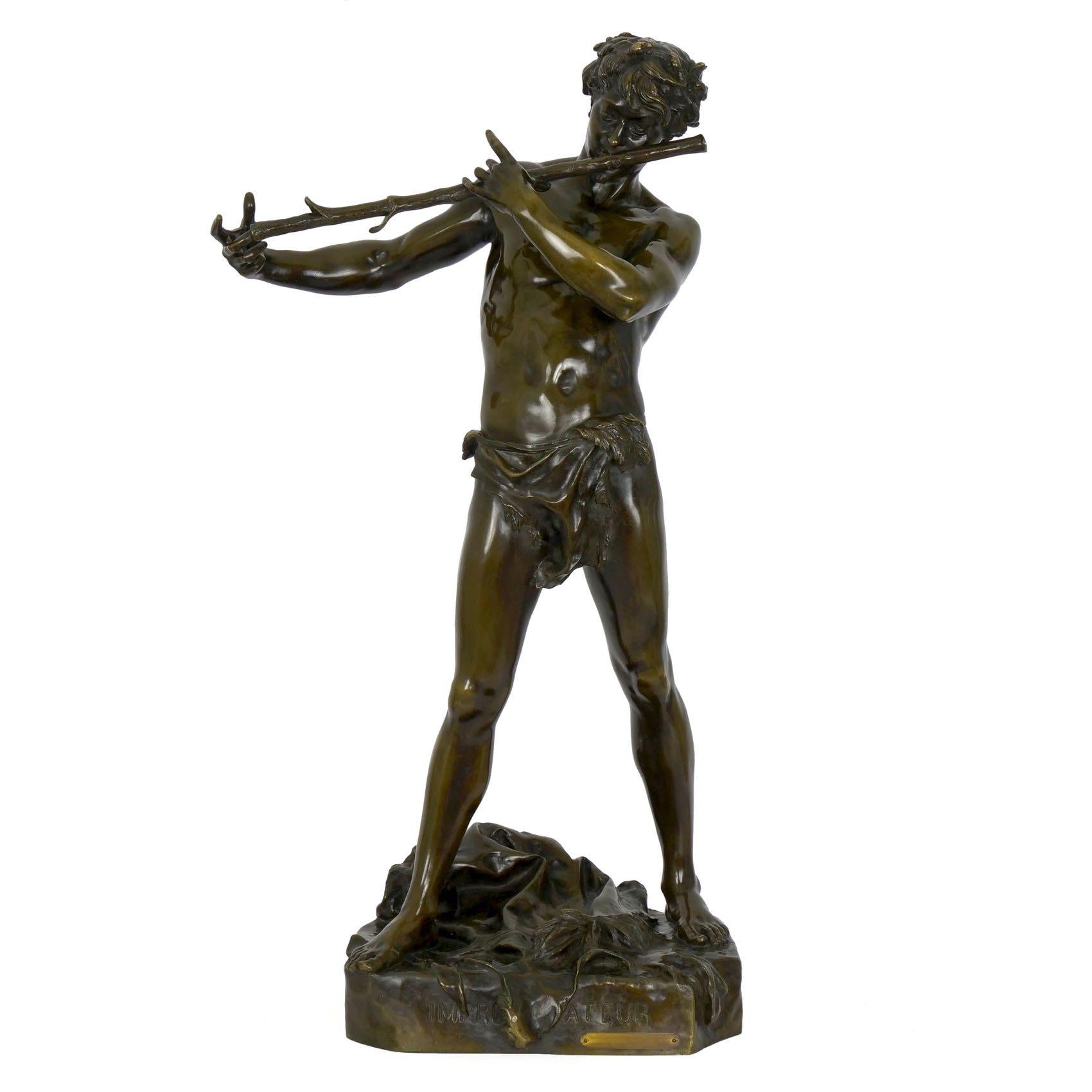 An exceptional antique bronze sculpture capturing the mythological Pan with his flute, the work is an expression of the naturalism that overtook the arts in the late 19th century. Originally exhibited in plaster at Salon in 1887, L'Improvisateur was