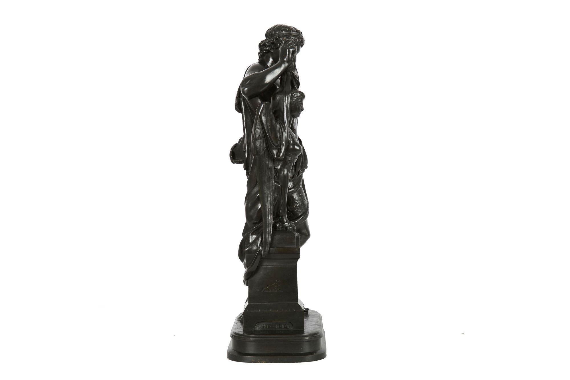 Romantic French Antique Bronze Sculpture “Oedipus and Sphinx” by Pierre Emile Hebert