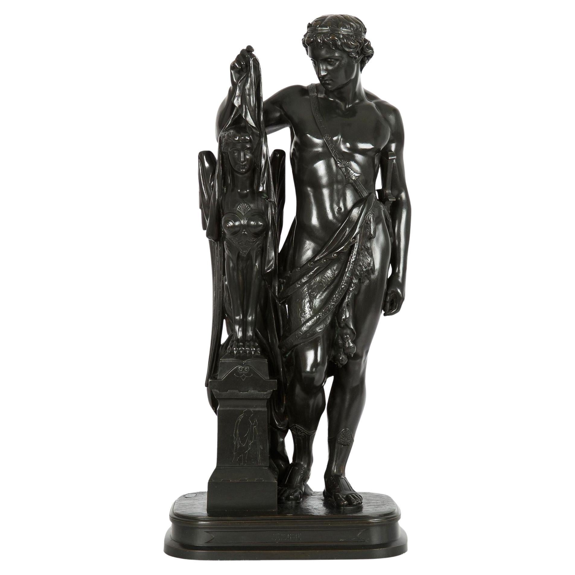 French Antique Bronze Sculpture “Oedipus and Sphinx” by Pierre Emile Hebert