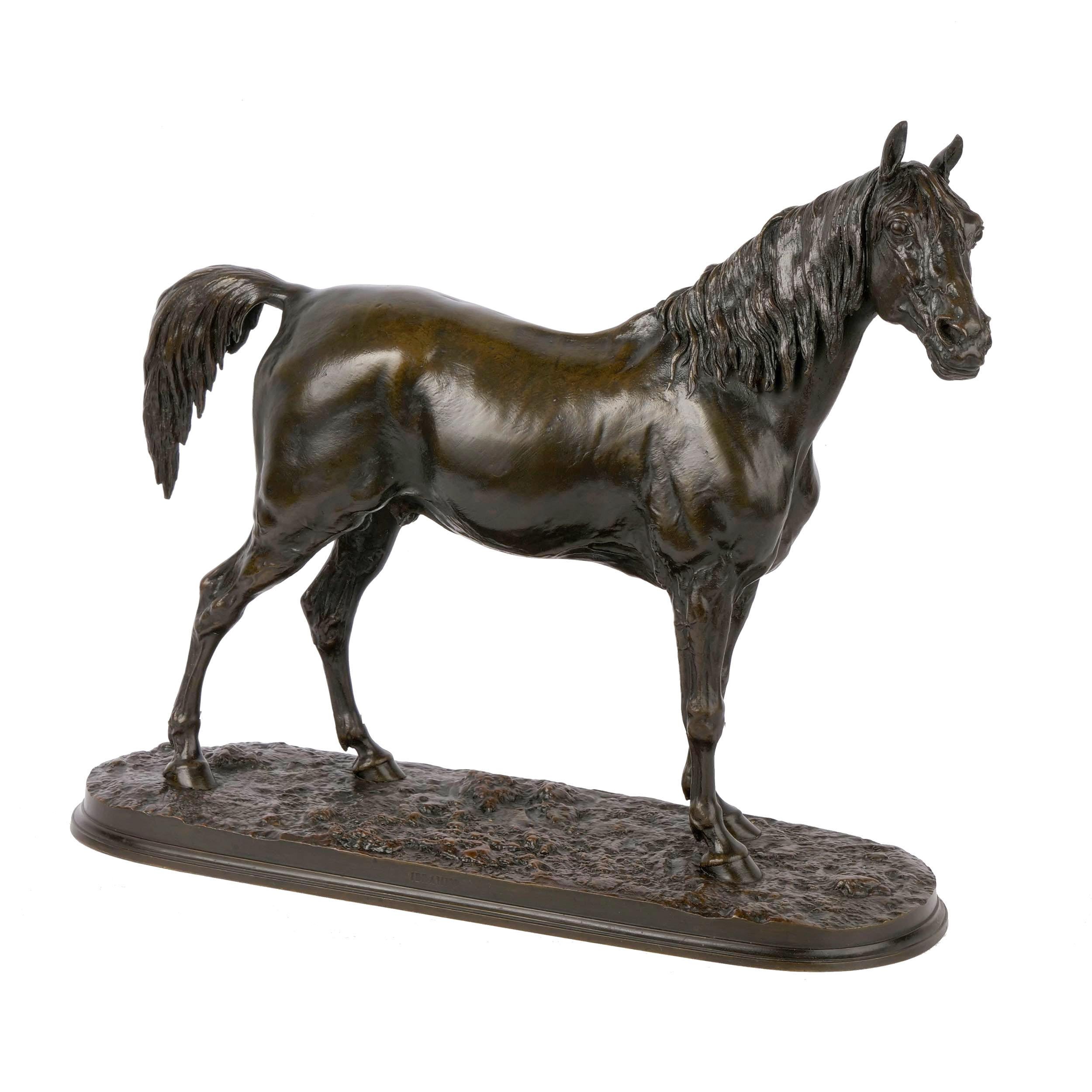 This very handsome sculpture of Ibrahim - Cheval Arabe Ramené d'Egypte is a very fine casting after the model by Pierre Jules Mene depicting the Arabian stallion winner of the French Derby. Originally modeled in 1843 and exhibited at Salon the same