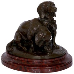 French Antique Bronze Sculpture of Basset Hounds by E. Fremiet & Barbedienne