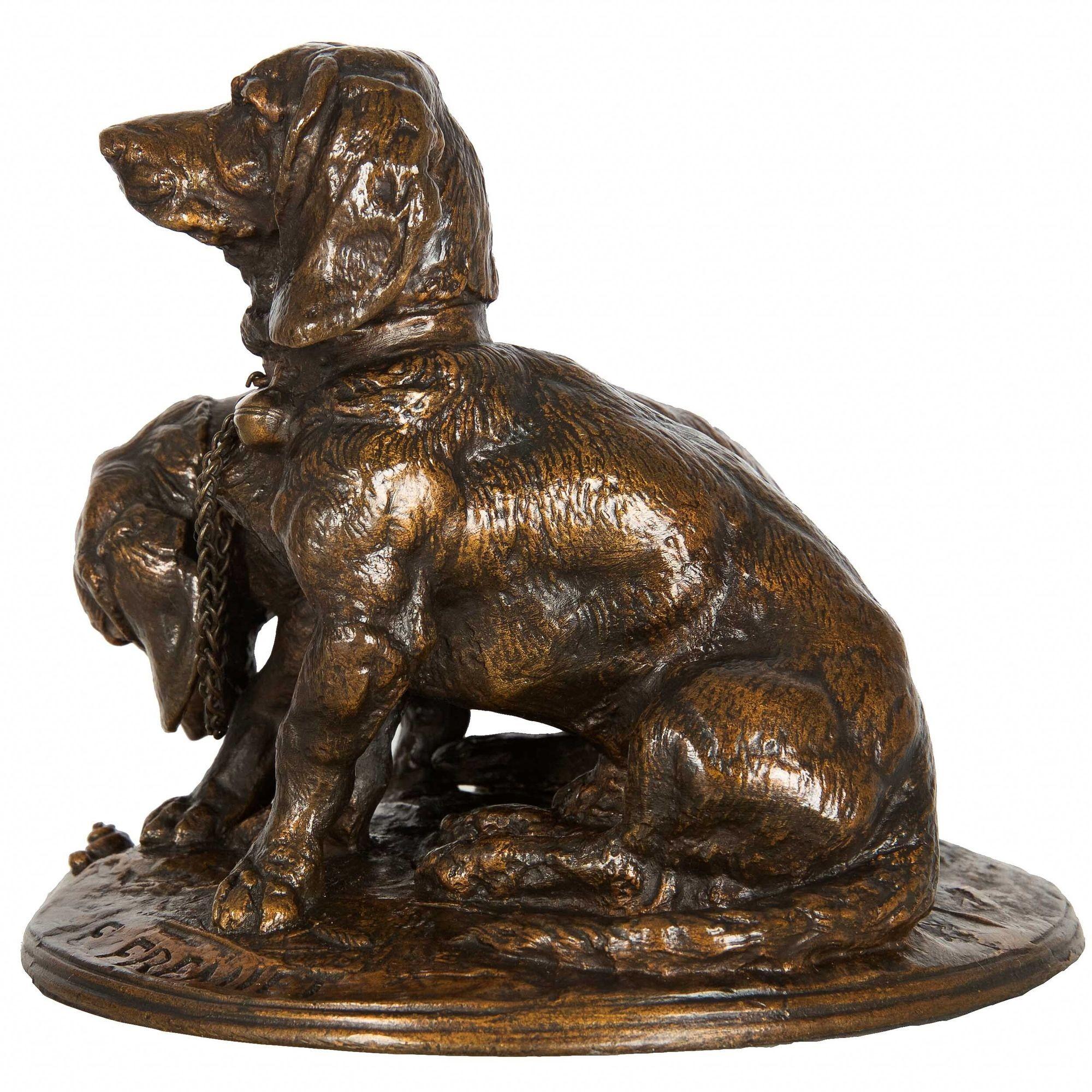 A brilliantly textured group of Chiens Bassets, this sand-cast model features an overall nuanced medium-brown surface patina rubbed away in the texture to reveal the coppery undertones. It is a somewhat puzzling cast, as the texture is inordinately