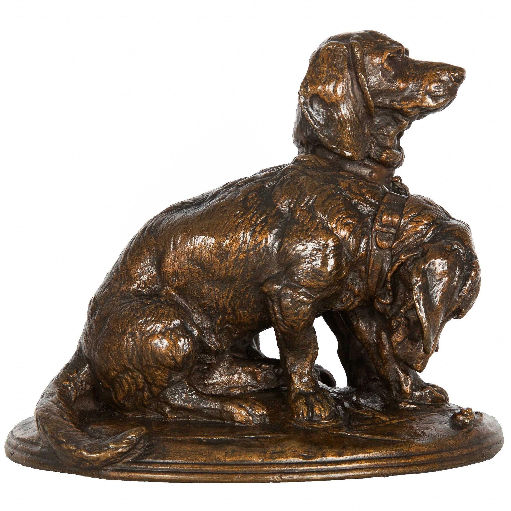 Romantic French Antique Bronze Sculpture of “Basset Hounds” by Emmanuel Fremiet, c.1860