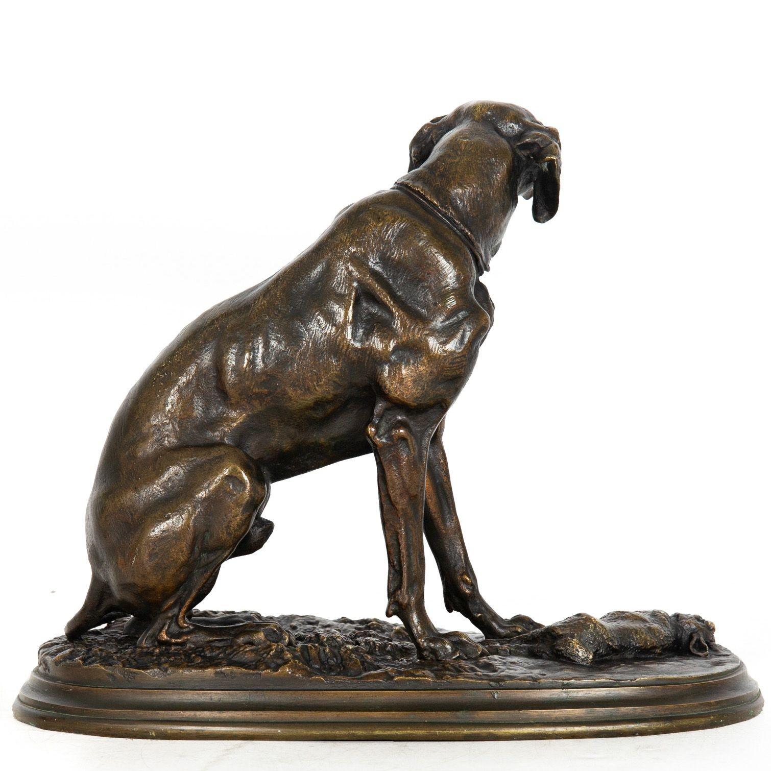 Romantic French Antique Bronze Sculpture of Dog with Rabbit by Pierre Jules Mêne For Sale