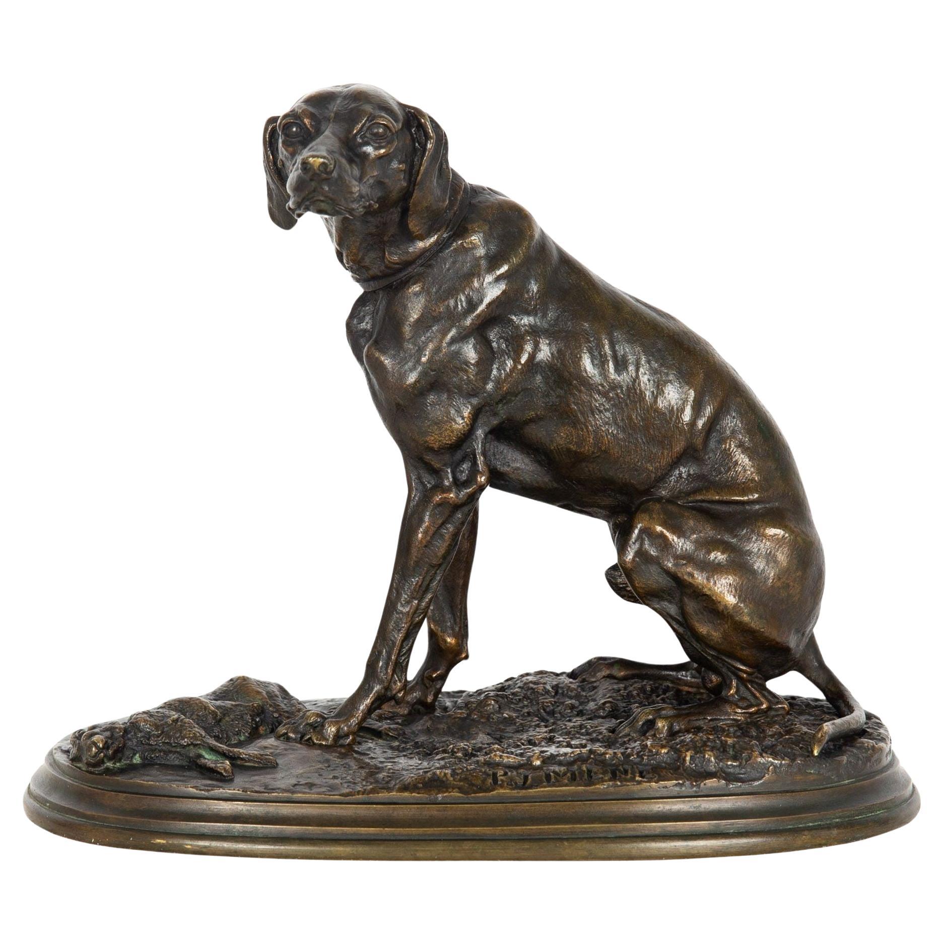 Französische antike Bronzeskulptur eines Hundes mit Kaninchen von Pierre Jules Mêne