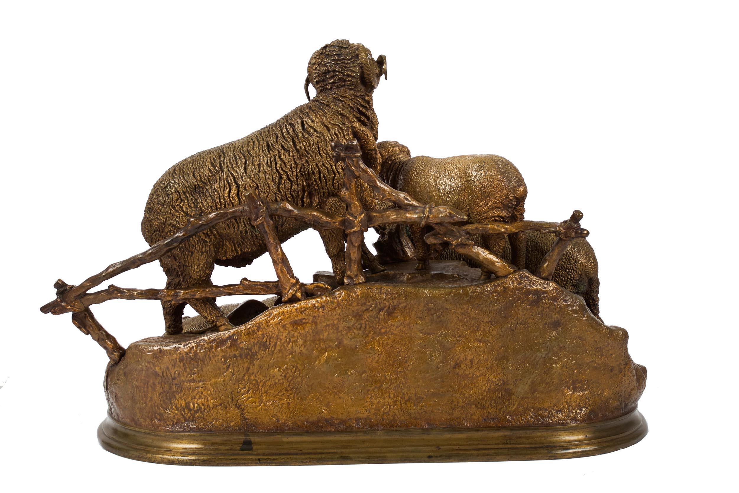 Romantic French Antique Bronze Sculpture of Group of Merino Sheep by Jules Moigniez